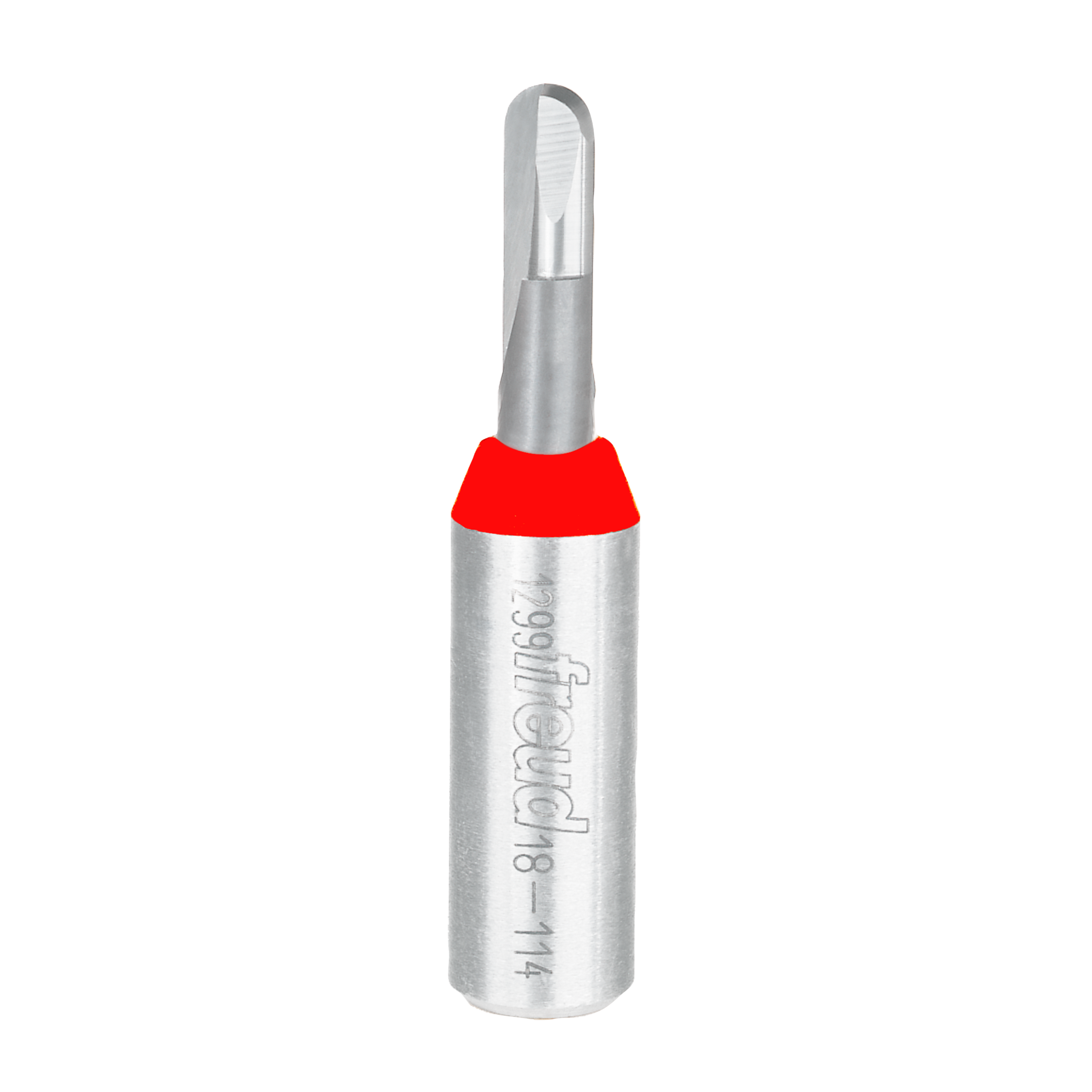 Silver metal router bit with rounded nose end and red band near the shank, marked with Freud branding.