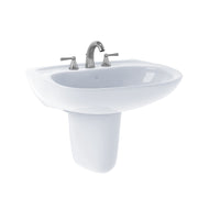 White oval wall-mounted bathroom sink with chrome three-hole faucet and shroud.