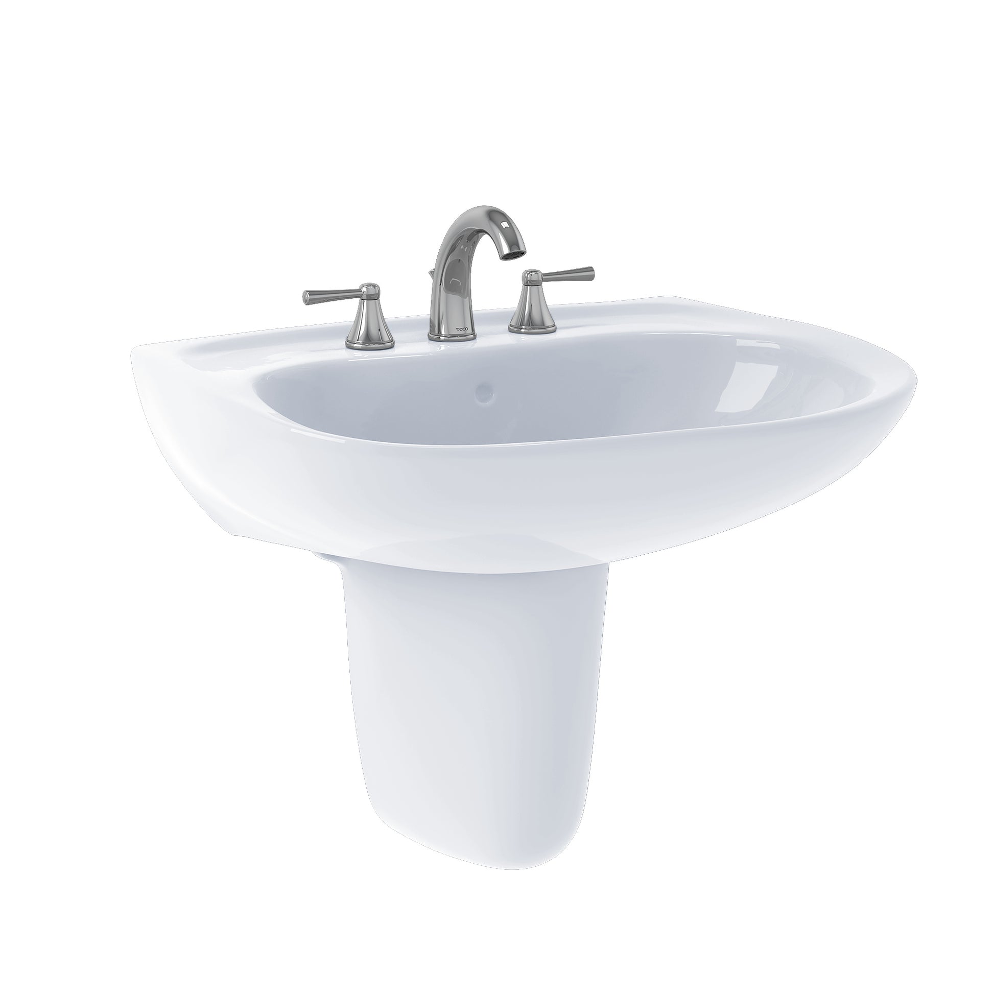 White oval wall-mounted bathroom sink with chrome three-hole faucet and shroud.