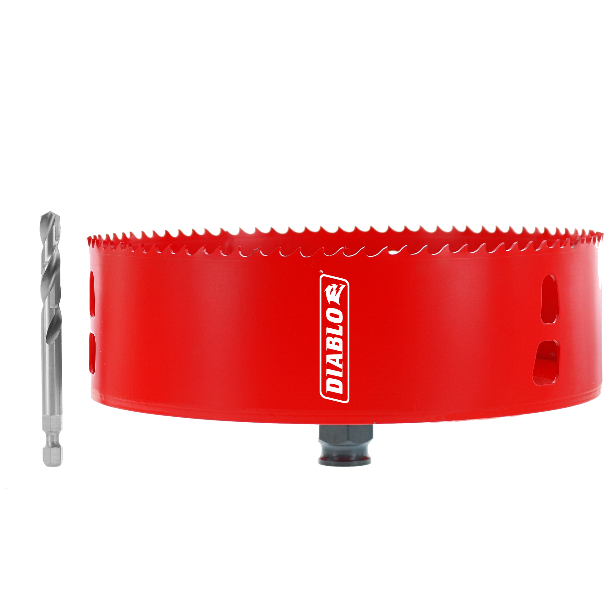 Red cylindrical hole saw with serrated cutting edge and metal twist drill bit included.