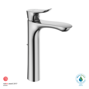 Polished chrome single-handle bathroom sink faucet with tall curved spout and lever handle.