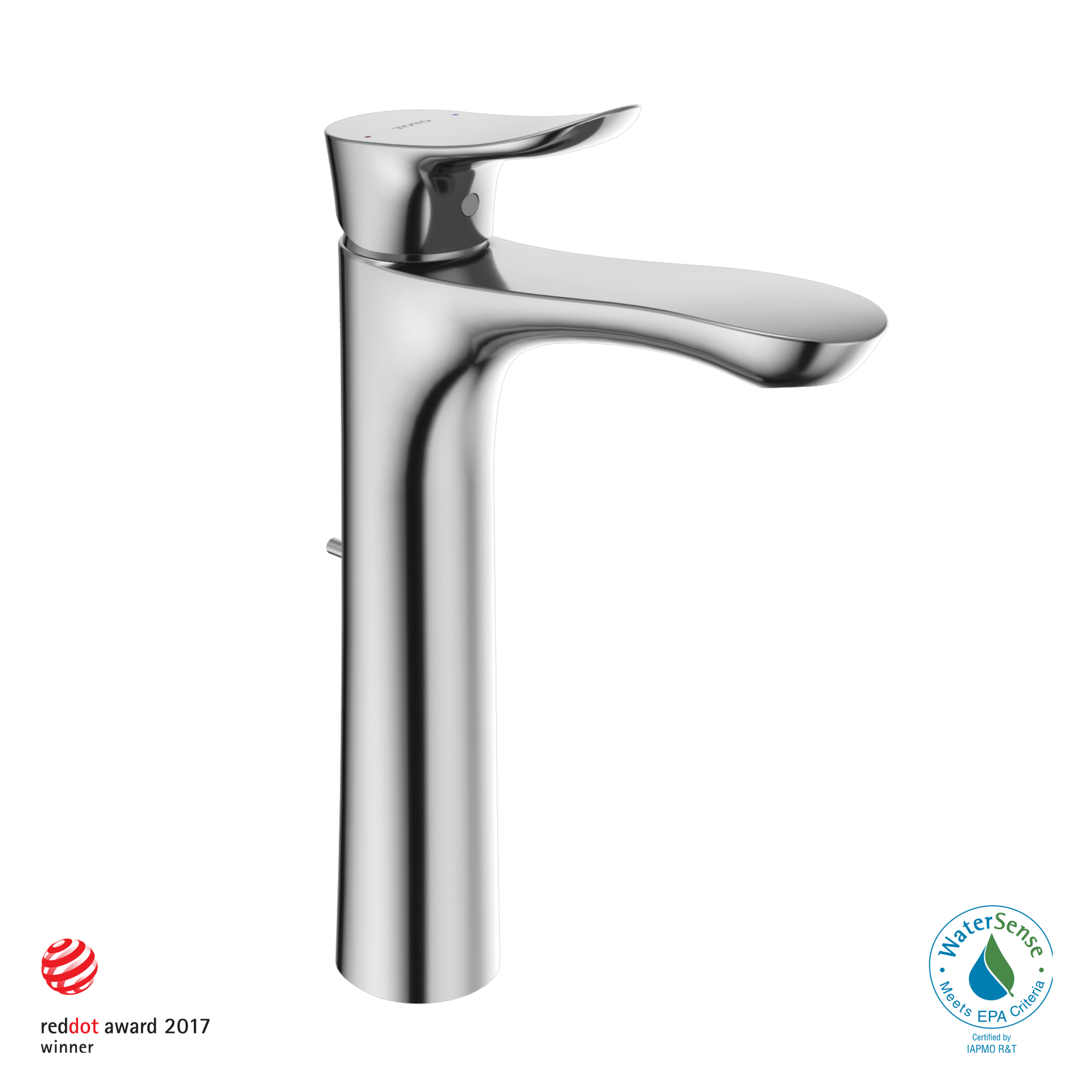 Polished chrome single-handle bathroom sink faucet with tall curved spout and lever handle.