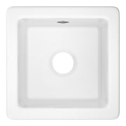 White fireclay single bowl bar sink with rounded edges and drain hole, viewed from above.