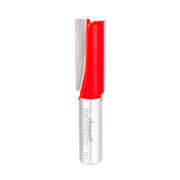 Red and silver double flute straight router bit with cylindrical shank and engraved branding.