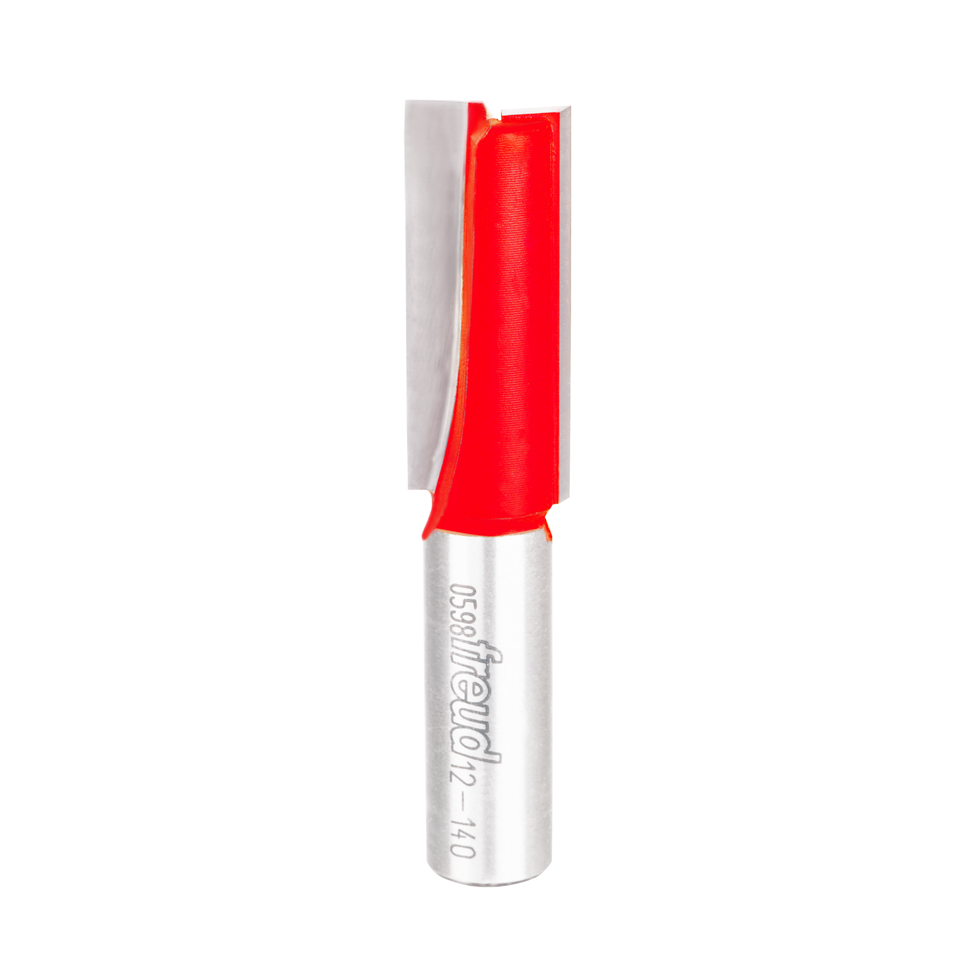 Red and silver double flute straight router bit with cylindrical shank and engraved branding.