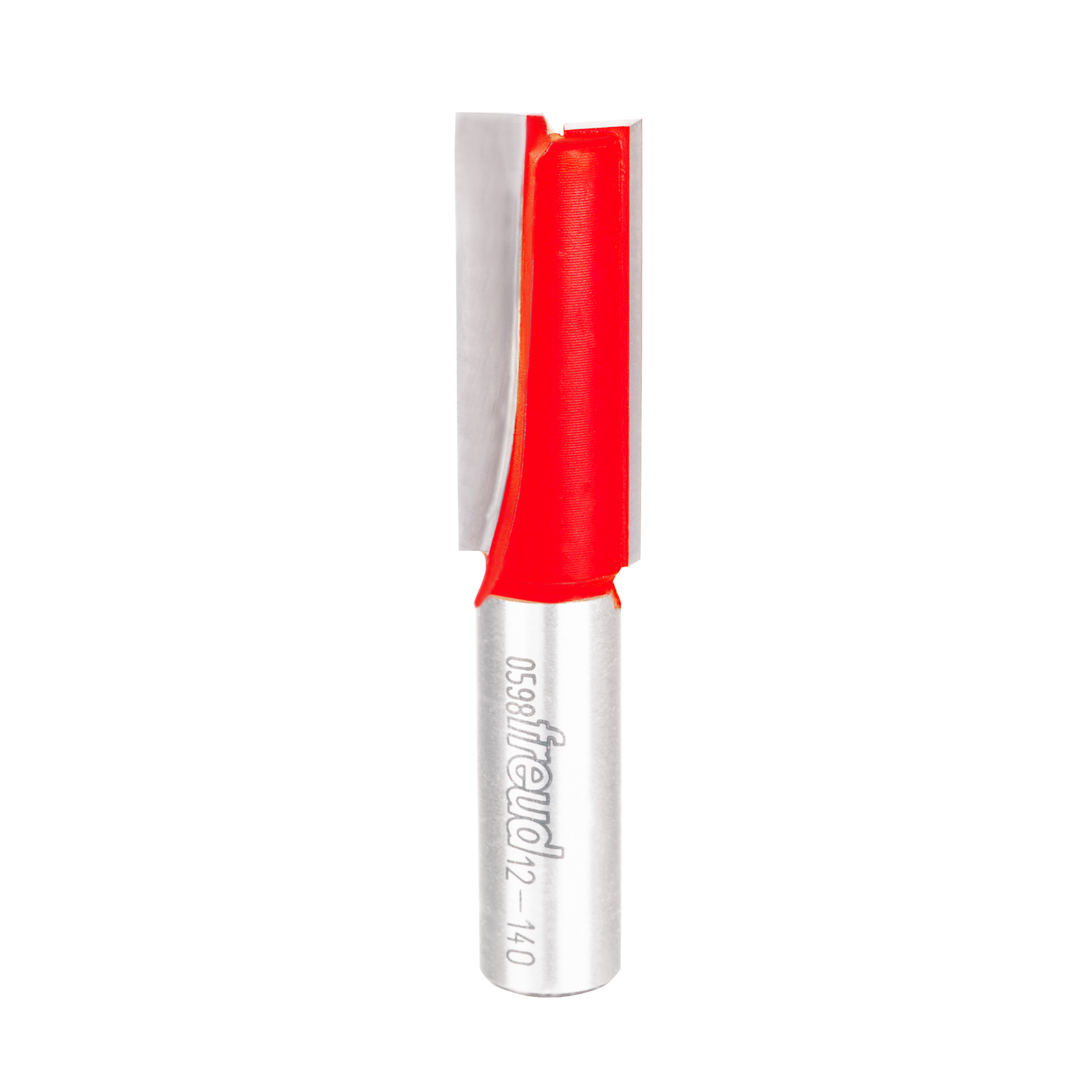 Red and silver double flute straight router bit with cylindrical shank and engraved branding.
