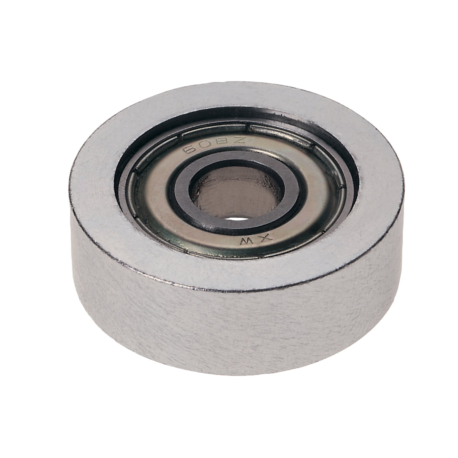 Silver cylindrical ball bearing with 30mm diameter and central opening, showing sealed metal races.