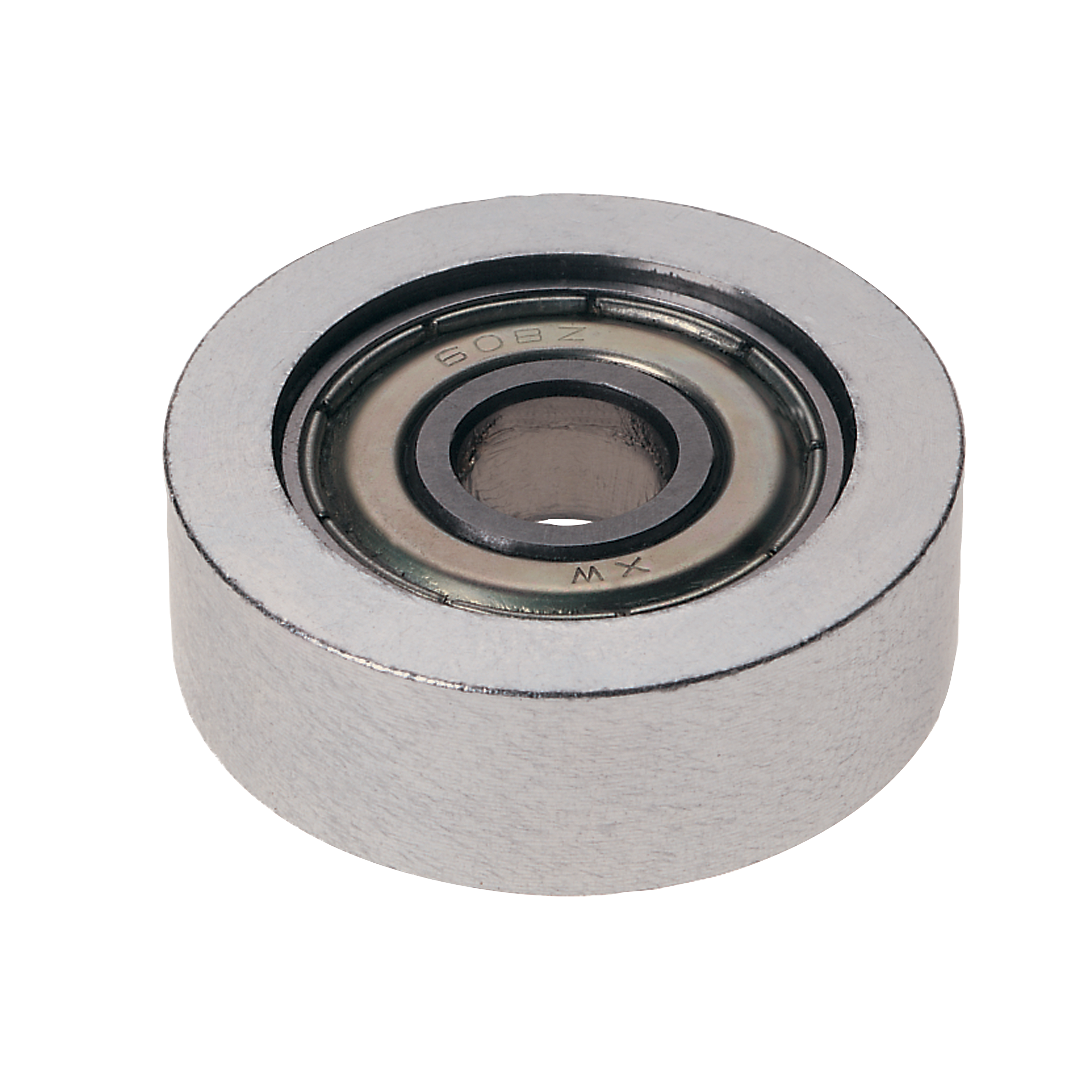 Silver cylindrical ball bearing with 30mm diameter and central opening, showing sealed metal races.
