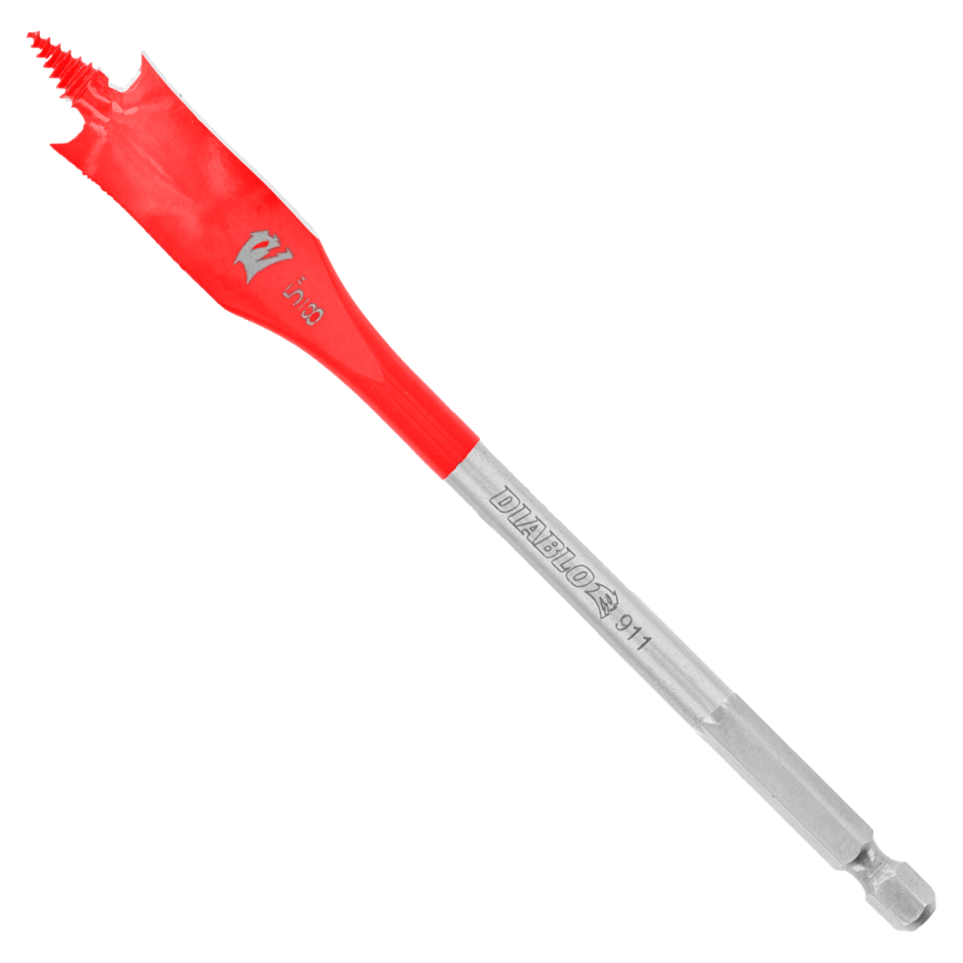 Red and gray spade bit with flat paddle head and text markings on the shaft.