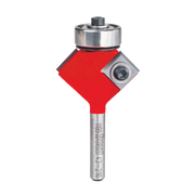 Freud bevel trim bit with red cutting body, metal bearing collar, and steel shank marked with model number.