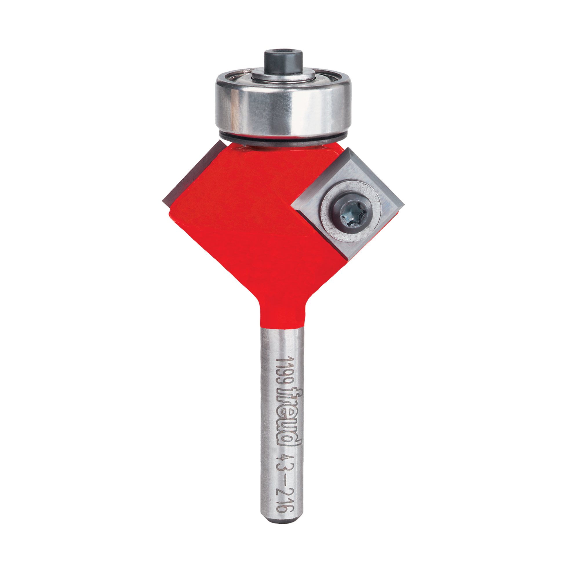 Freud bevel trim bit with red cutting body, metal bearing collar, and steel shank marked with model number.