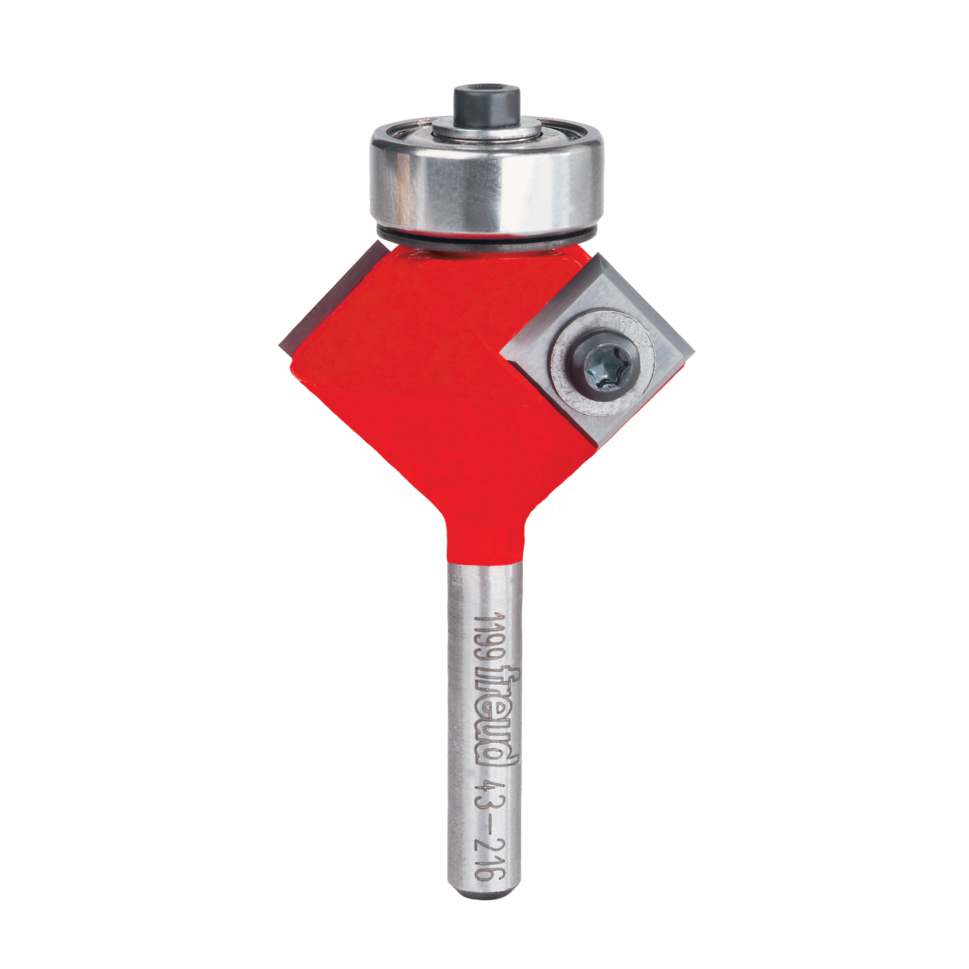 Freud bevel trim bit with red cutting body, metal bearing collar, and steel shank marked with model number.