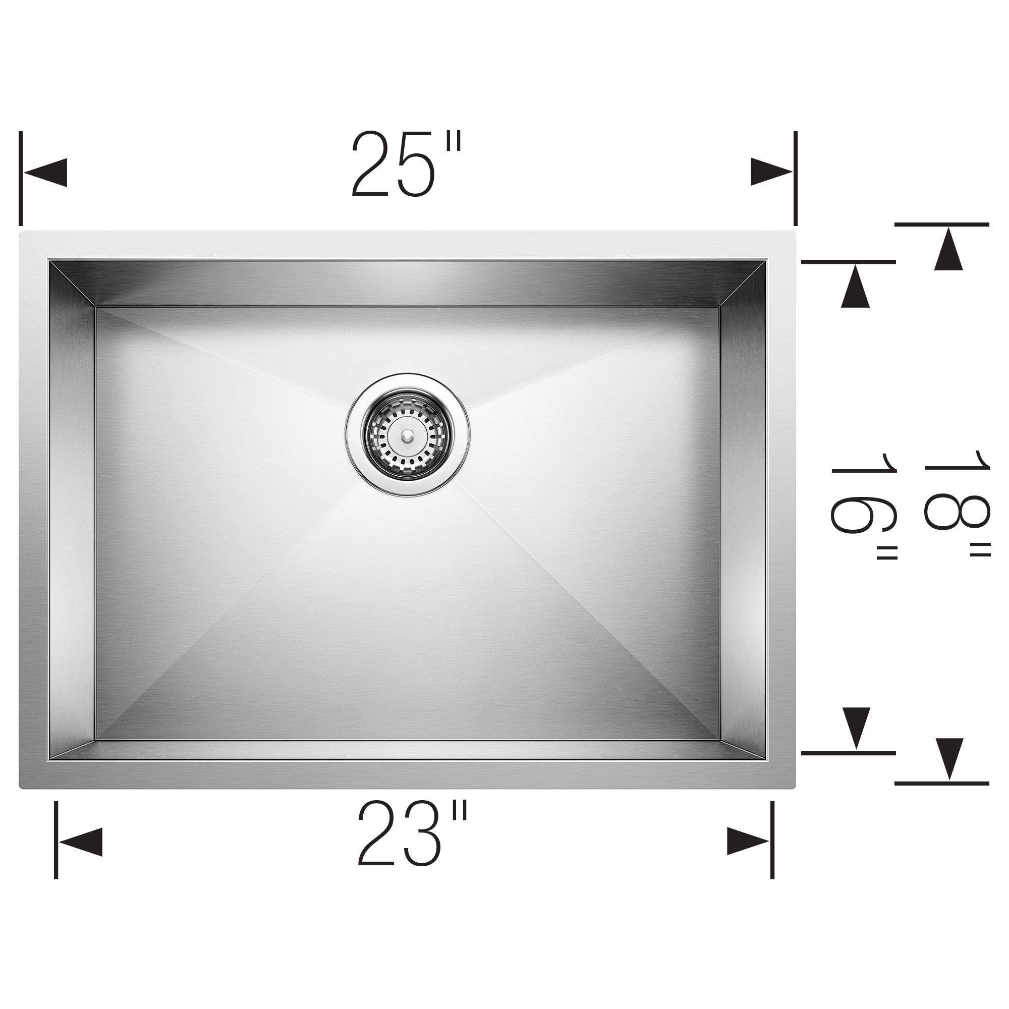 Stainless steel undermount sink bowl with single drain hole and dimensional measurements showing 25" width and 23" depth.