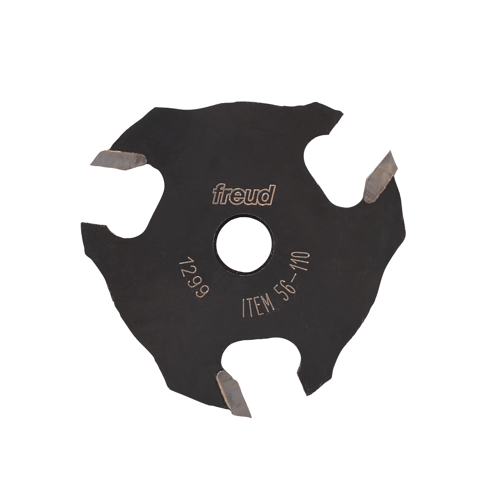 Black circular slotting cutter with three carbide wings and center hole, labeled Freud item 56-110.