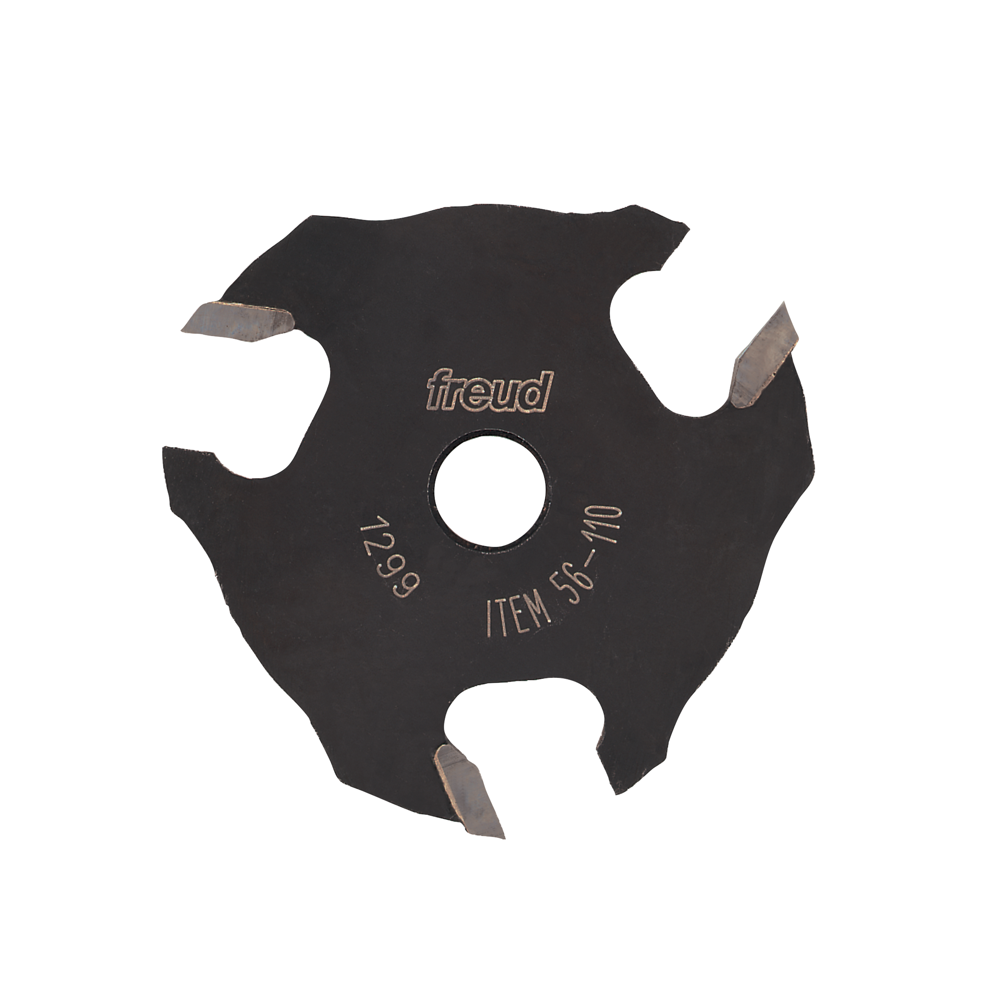 Black circular slotting cutter with three carbide wings and center hole, labeled Freud item 56-110.