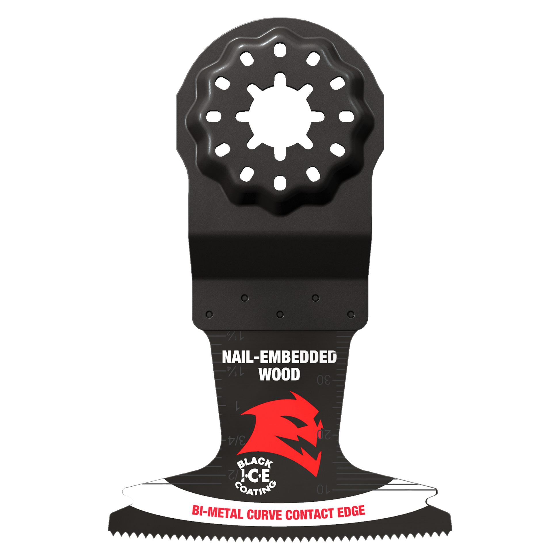 Black bi-metal oscillating blade with star-shaped Starlock mount and serrated cutting edge for wood with nails.