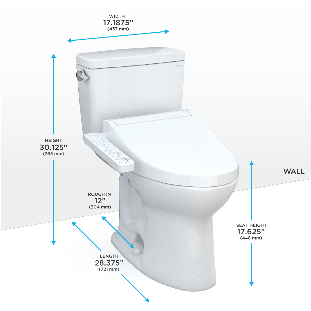 White two-piece elongated toilet with integrated bidet seat and dimension measurements labeled.