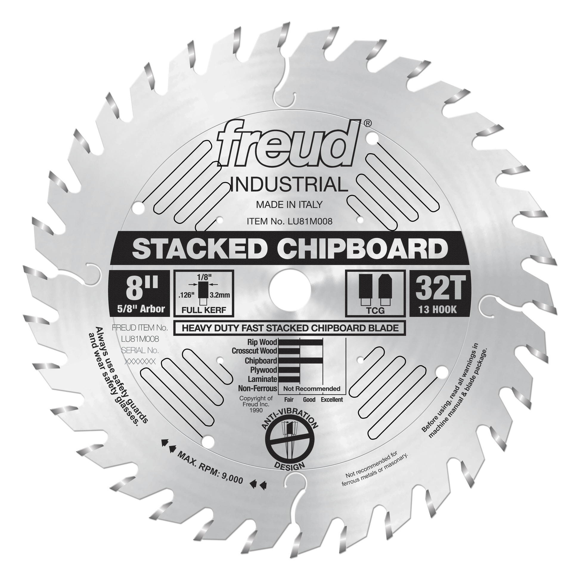 Freud 8" stacked chipboard saw blade with 32 teeth, 5/8" arbor, and TCG tooth design for woodworking.