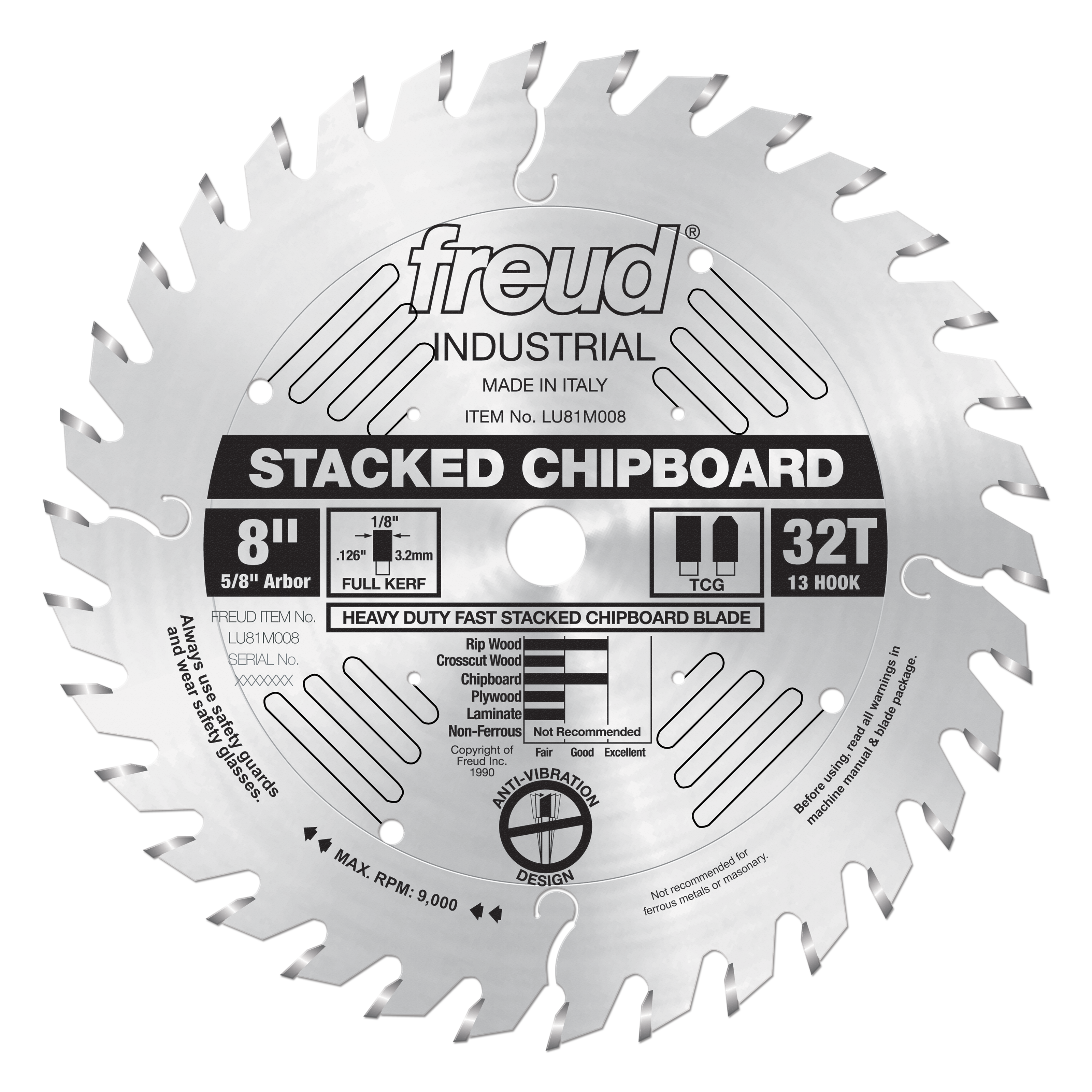 Freud 8" stacked chipboard saw blade with 32 teeth, 5/8" arbor, and TCG tooth design for woodworking.