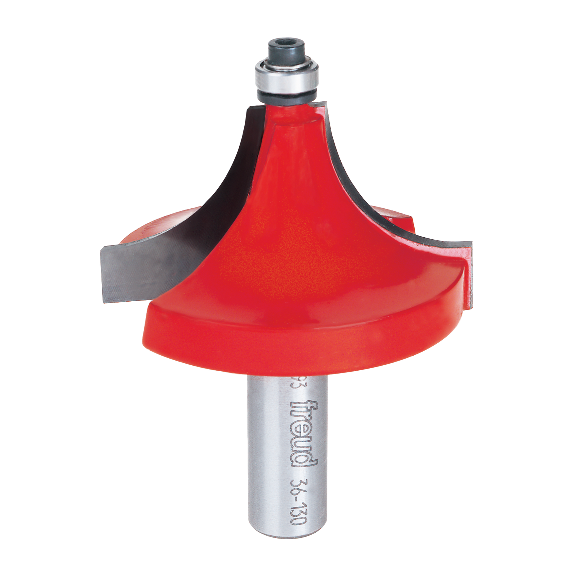 Freud 36-130 router bit with red cutting head, silver shank, and gray bearing collar for beading edges.