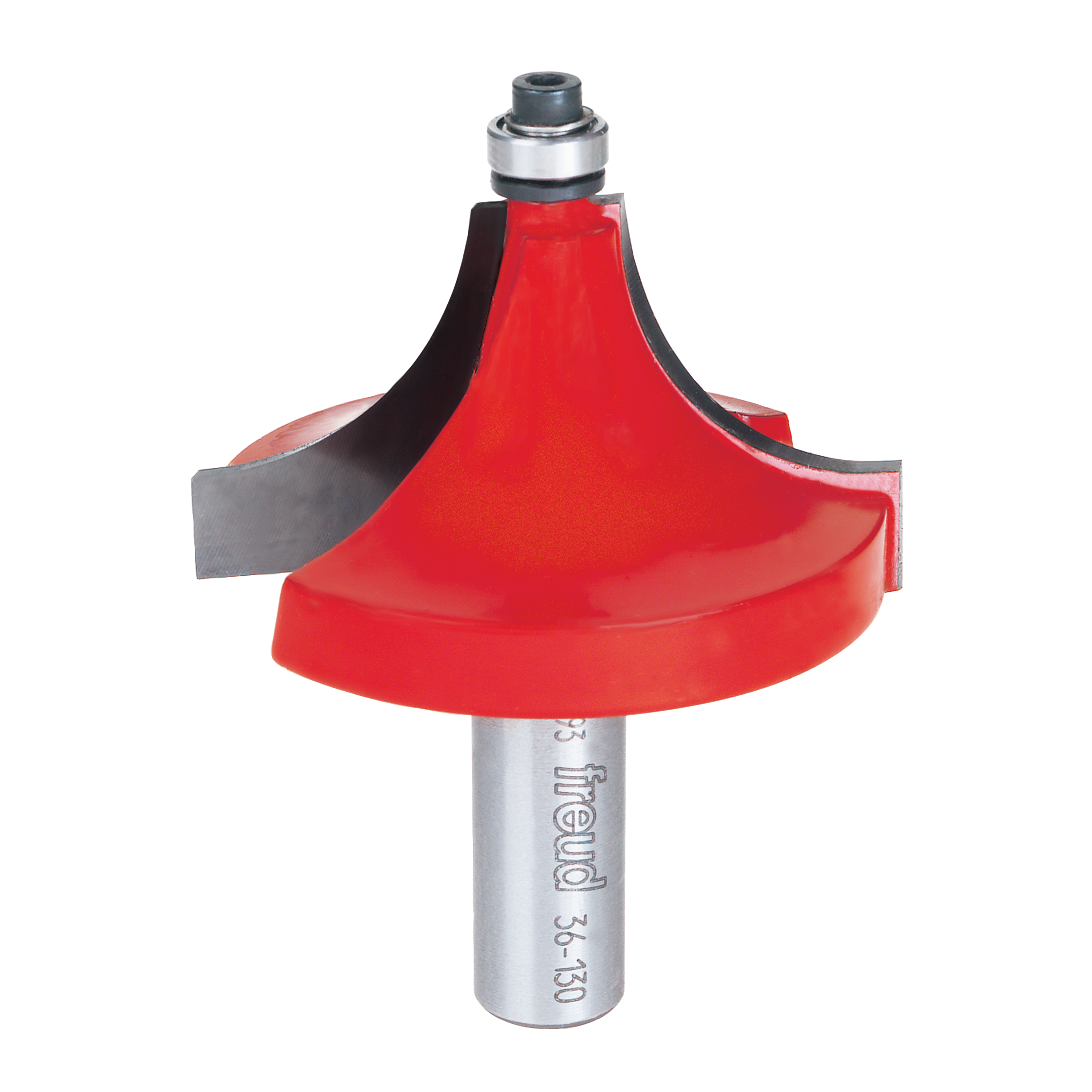 Freud 36-130 router bit with red cutting head, silver shank, and gray bearing collar for beading edges.