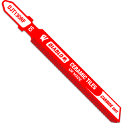 Red Diablo T-shank jig saw blade with carbide grit coating and text labeling for ceramic tiles.