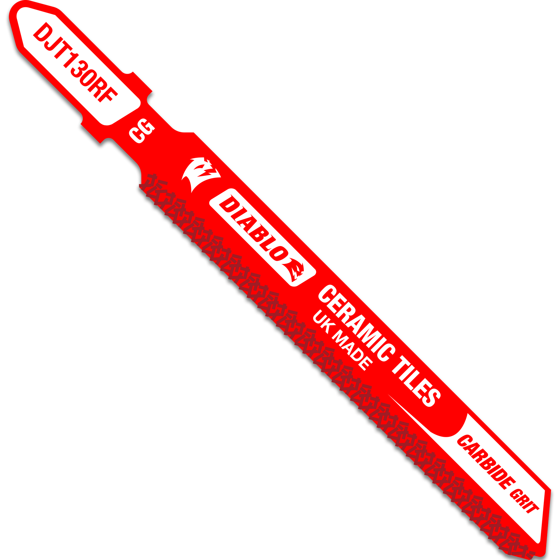 Red Diablo T-shank jig saw blade with carbide grit coating and text labeling for ceramic tiles.