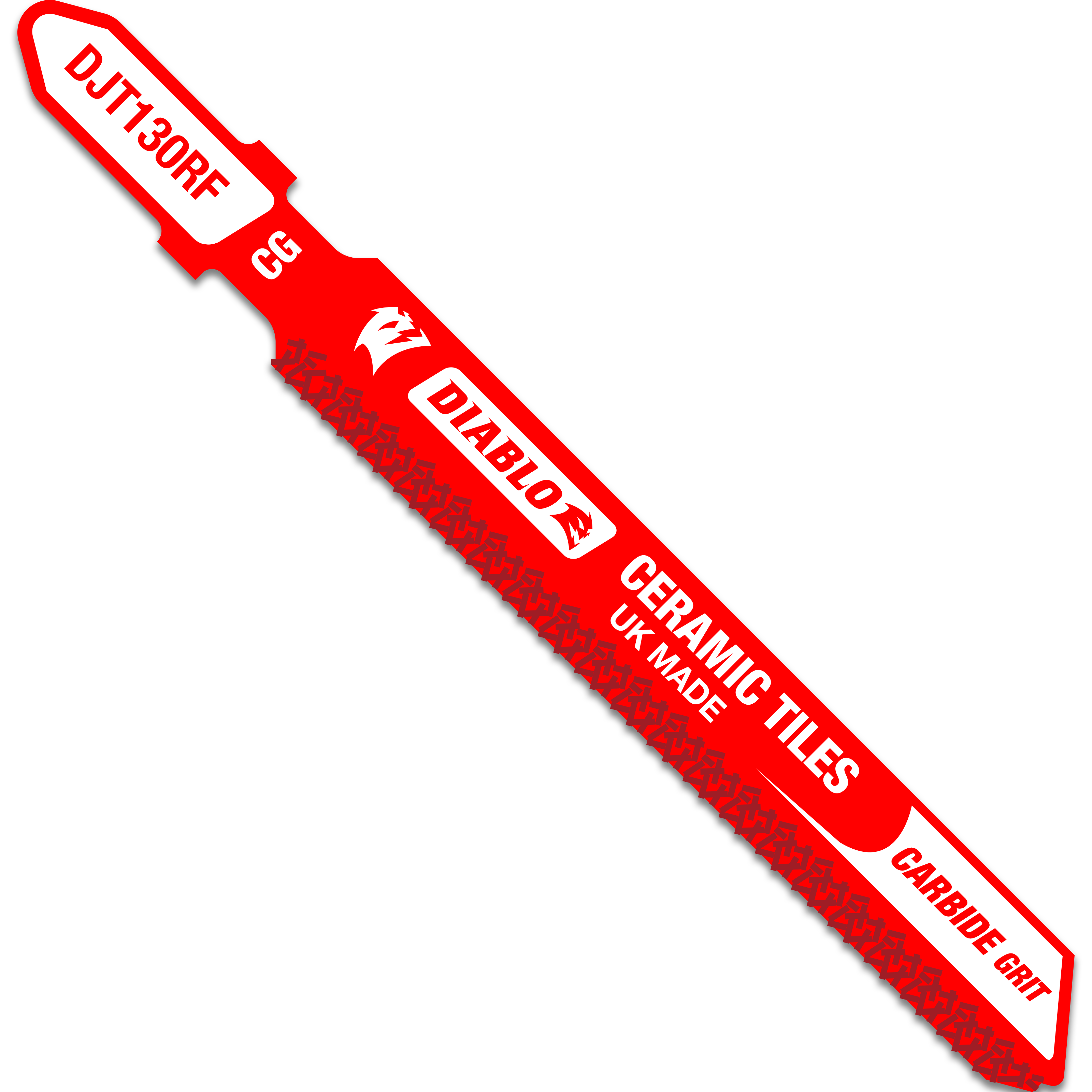 Red Diablo T-shank jig saw blade with carbide grit coating and text labeling for ceramic tiles.