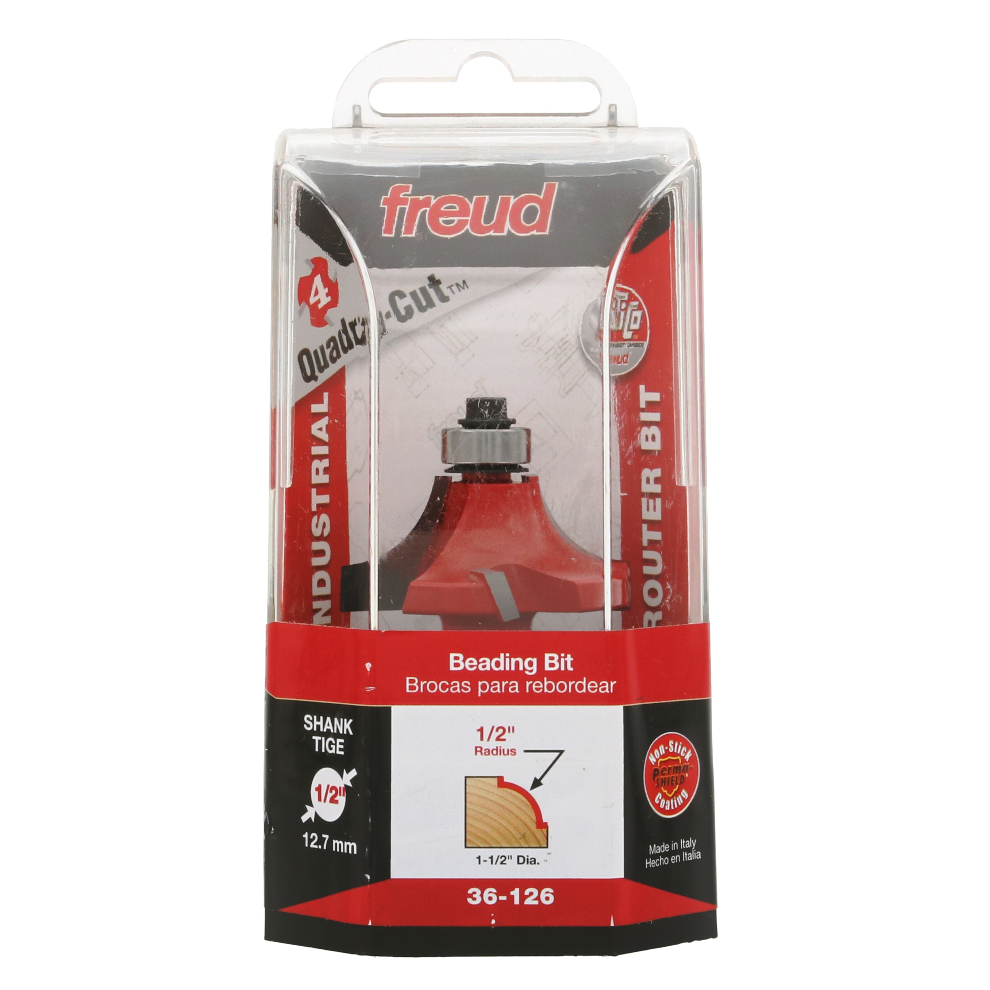 Freud beading router bit with 1/2" radius, Quadra-Cut design, 1/2" shank in clear plastic clamshell packaging.