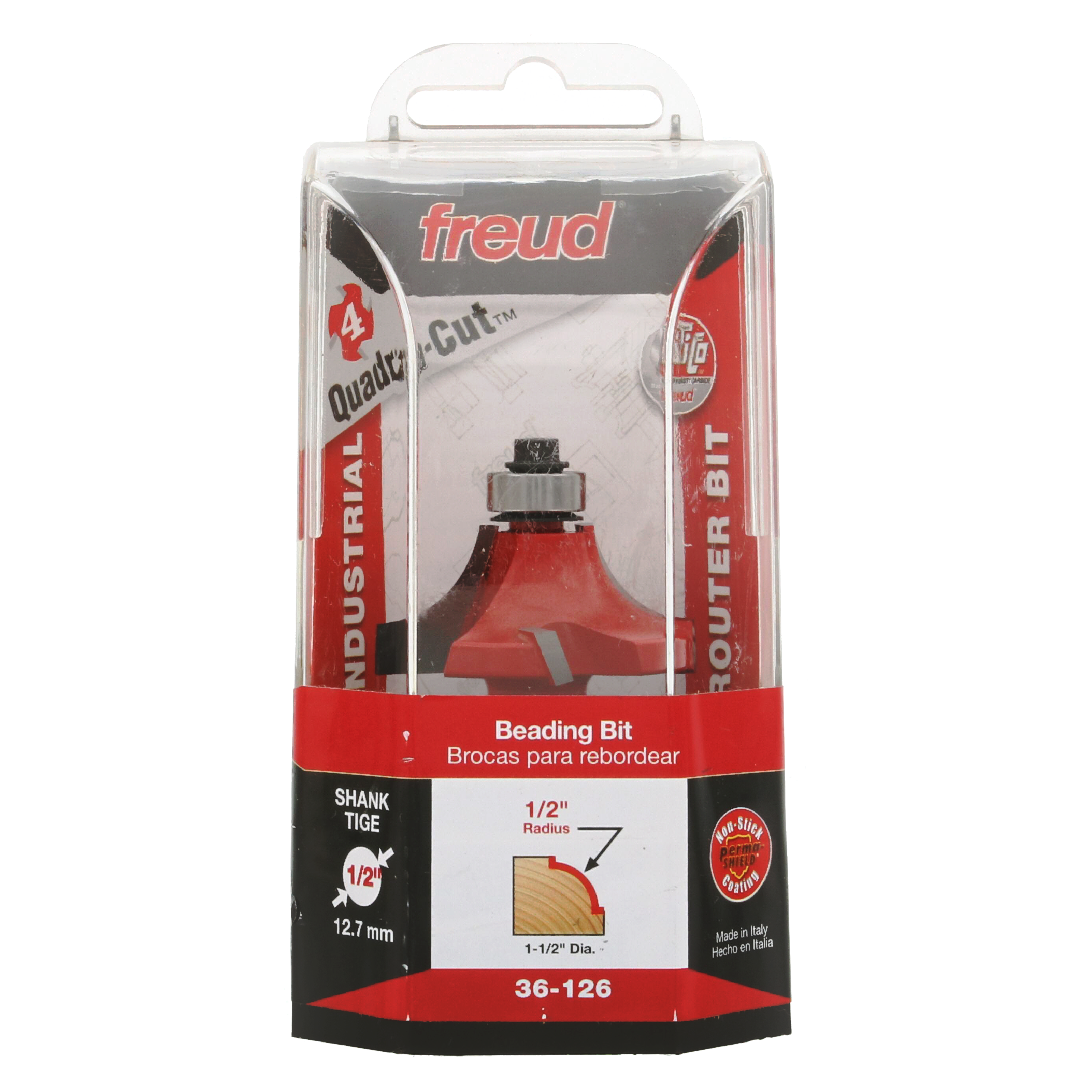 Freud beading router bit with 1/2" radius, Quadra-Cut design, 1/2" shank in clear plastic clamshell packaging.