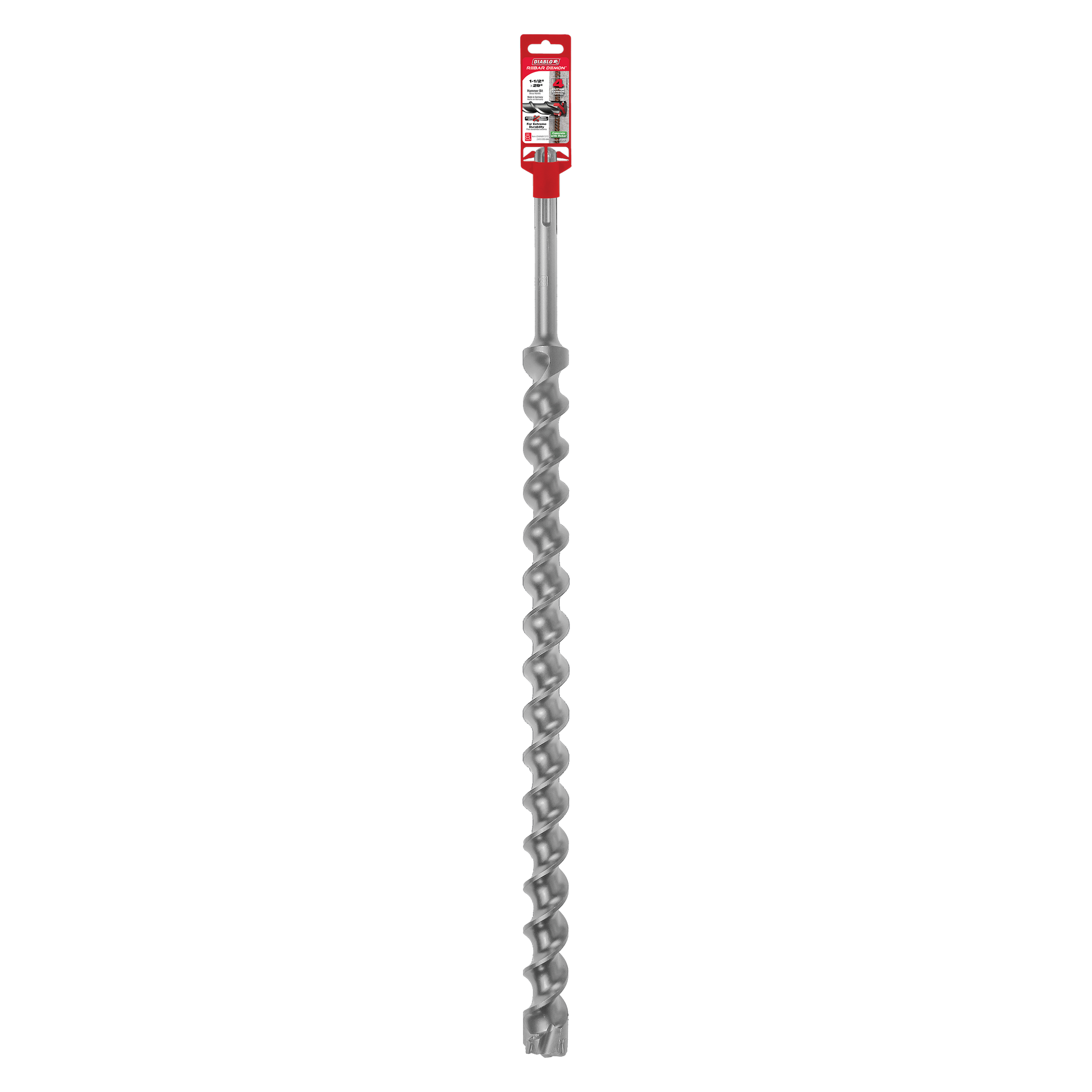 Long SDS-Max hammer drill bit with spiral flutes and red packaging label at top.