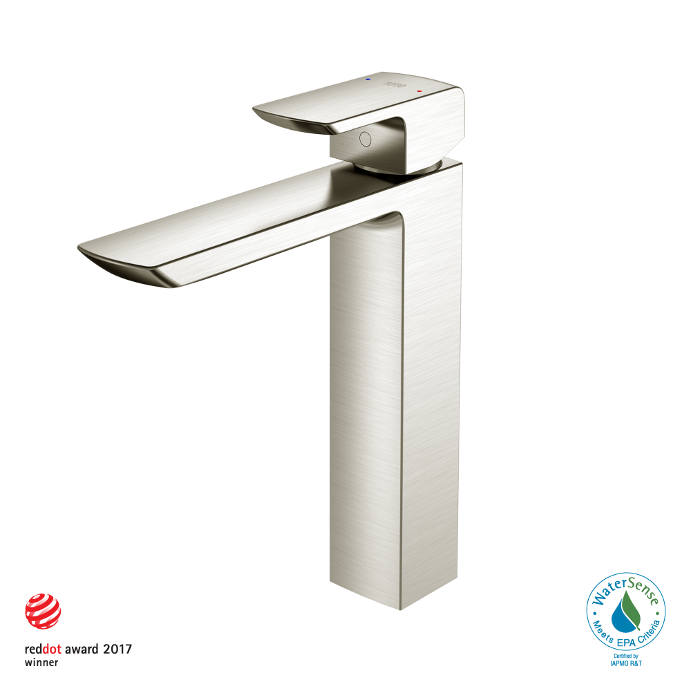 Brushed nickel single-handle vessel faucet with tall rectangular body and curved spout.