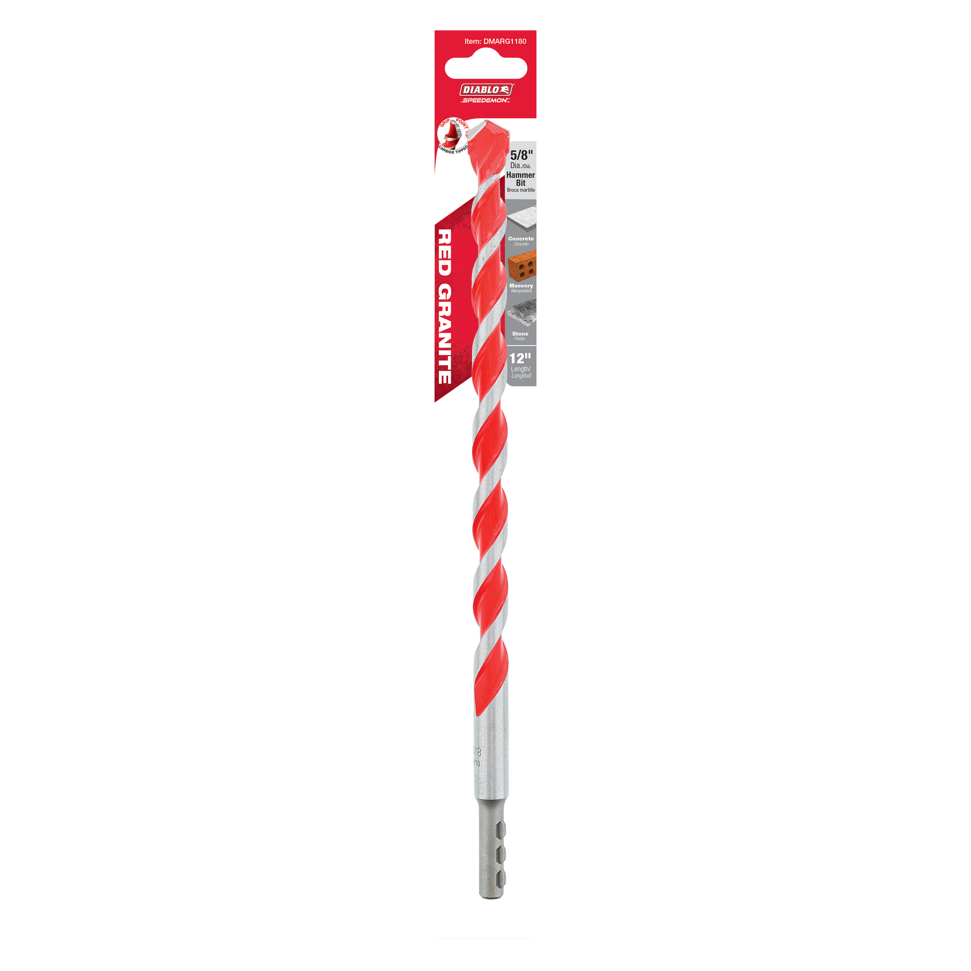 Red and gray SPEEDemon hammer drill bit with carbide tip and twisted flutes, displayed in retail packaging.