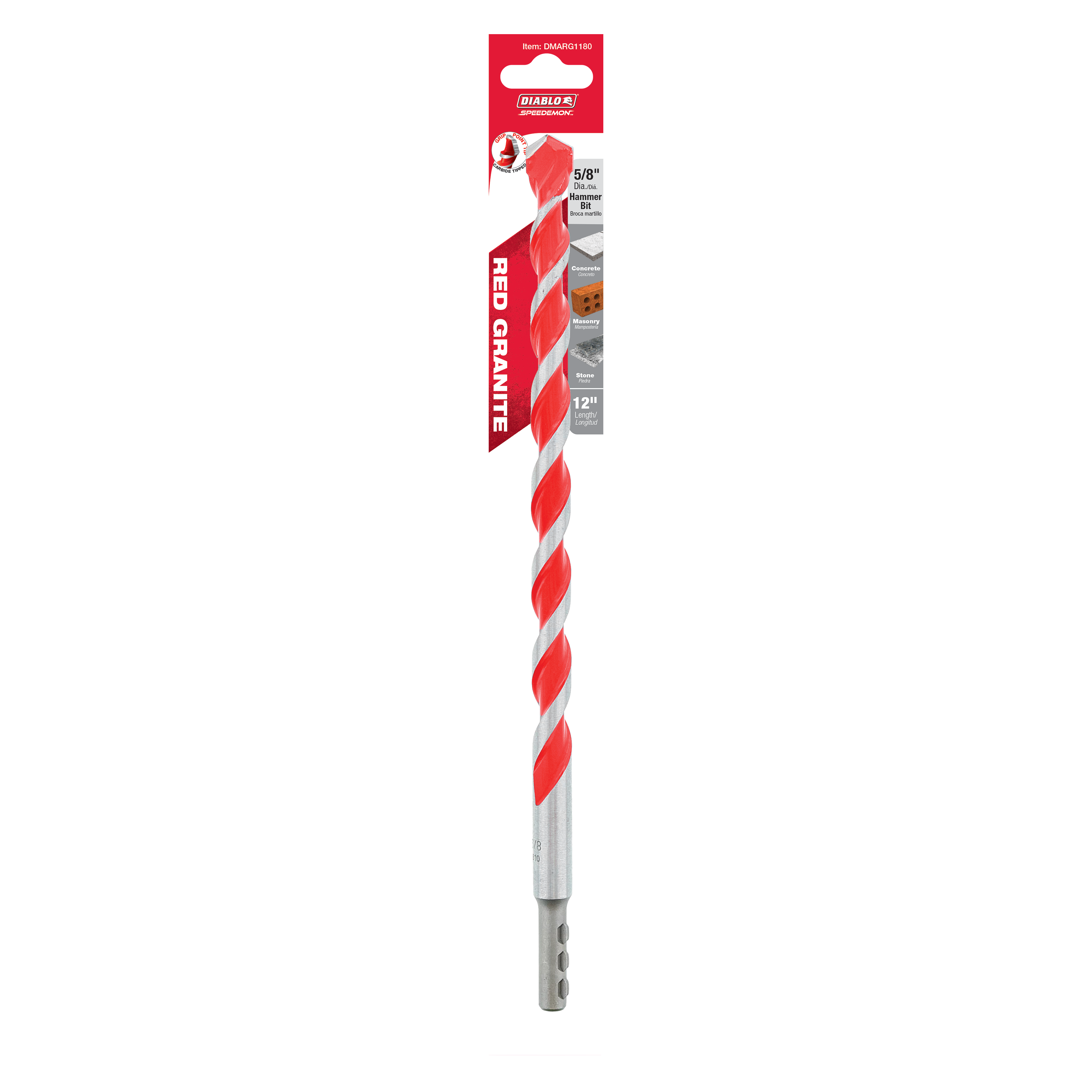 Red and gray SPEEDemon hammer drill bit with carbide tip and twisted flutes, displayed in retail packaging.