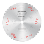 Silver circular saw blade with carbide-tipped teeth, center arbor hole, and red wavy pattern markings around the face.