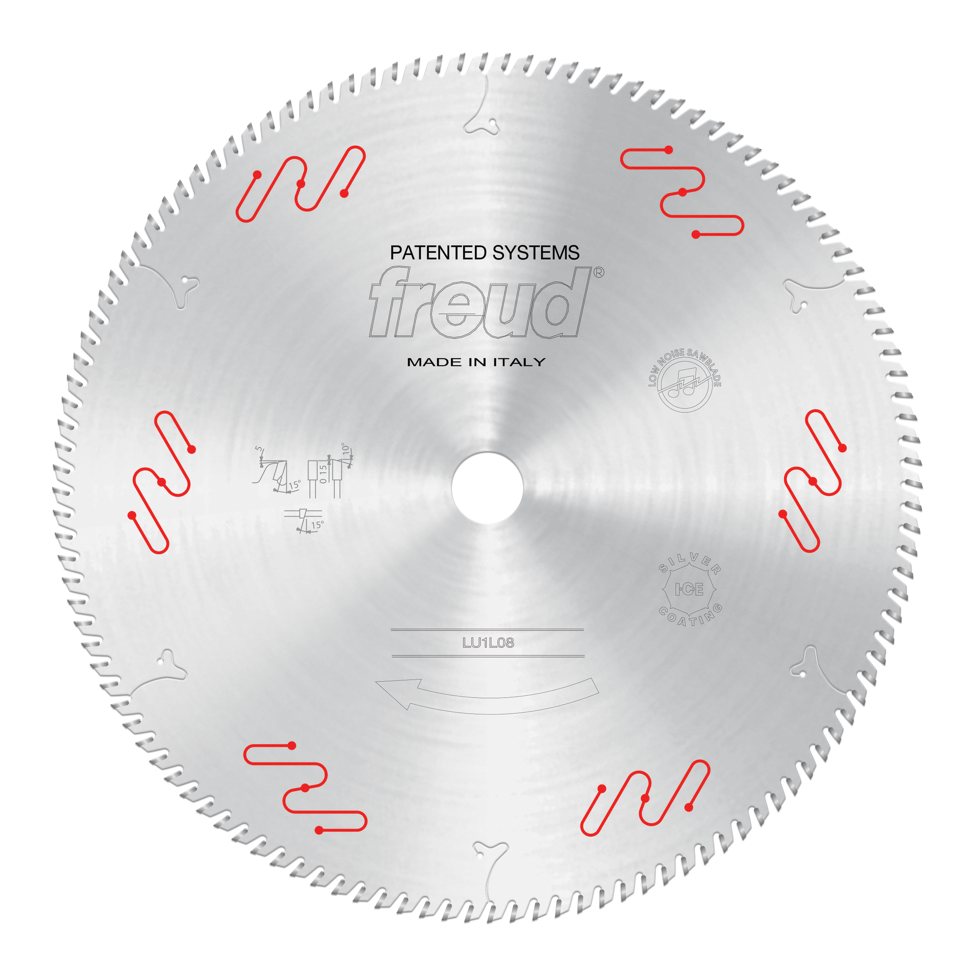Silver circular saw blade with carbide-tipped teeth, center arbor hole, and red wavy pattern markings around the face.