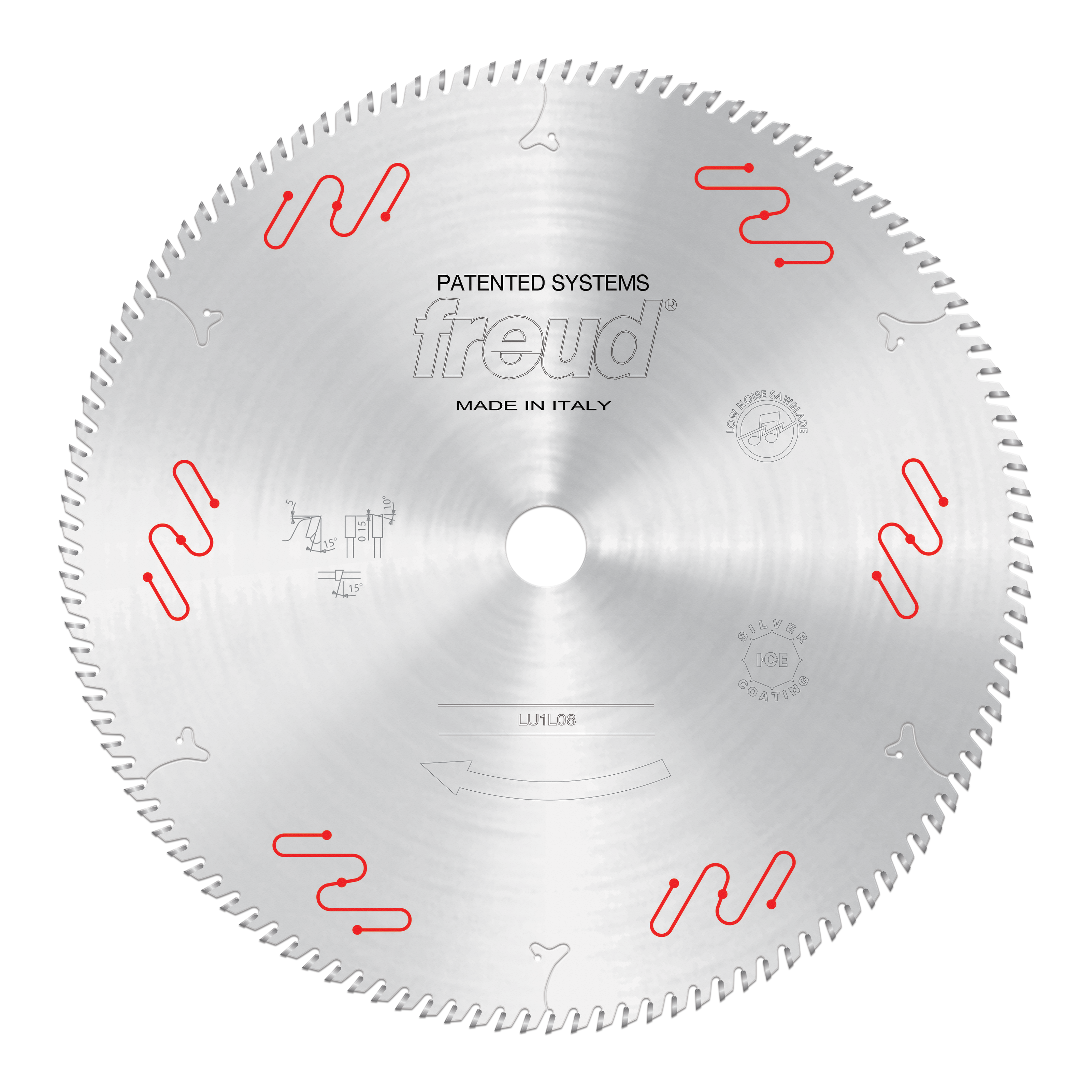 Silver circular saw blade with carbide-tipped teeth, center arbor hole, and red wavy pattern markings around the face.