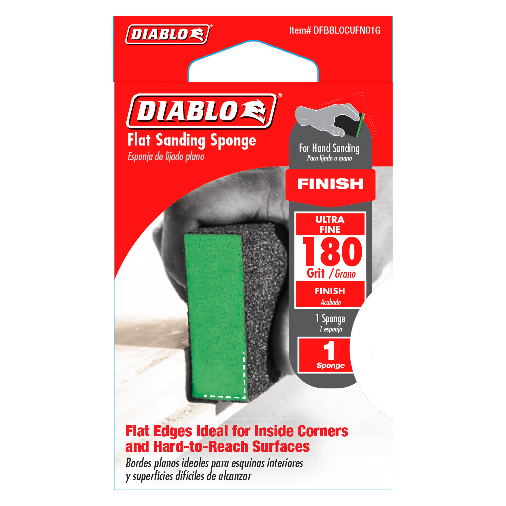 Diablo flat sanding sponge with green and gray textured surfaces, 180-grit ultra fine for hand sanding.