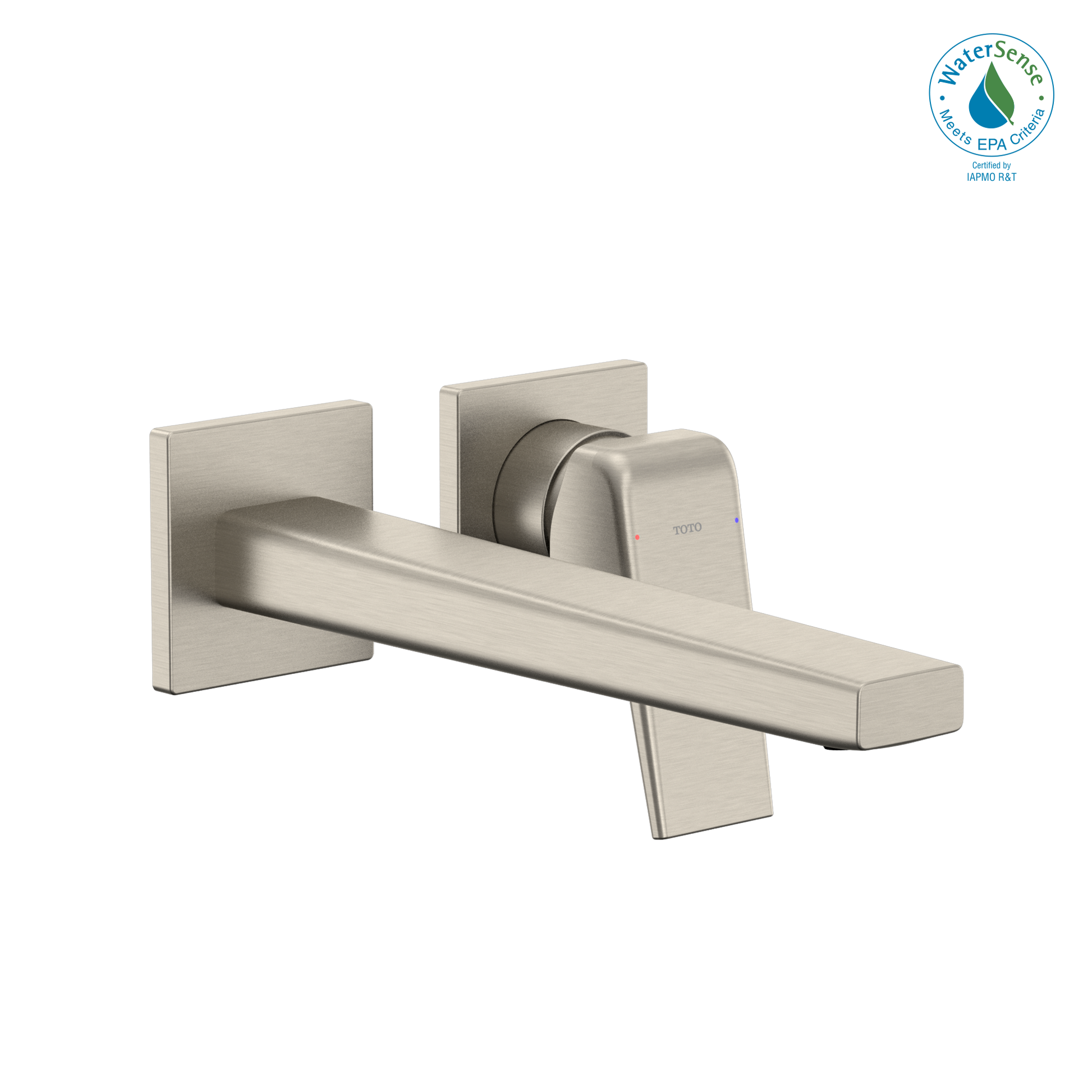 Brushed nickel wall-mount bathroom faucet with single handle and long spout.