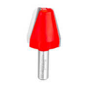 Red vertical raised panel router bit with silver shank and Freud branding.