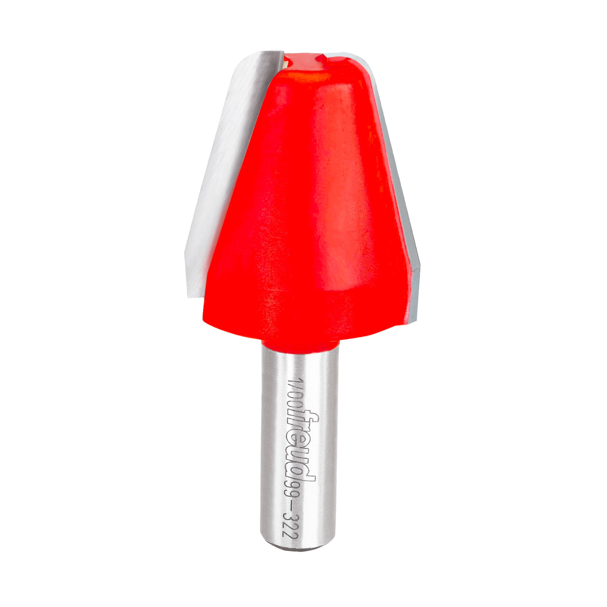 Red vertical raised panel router bit with silver shank and Freud branding.