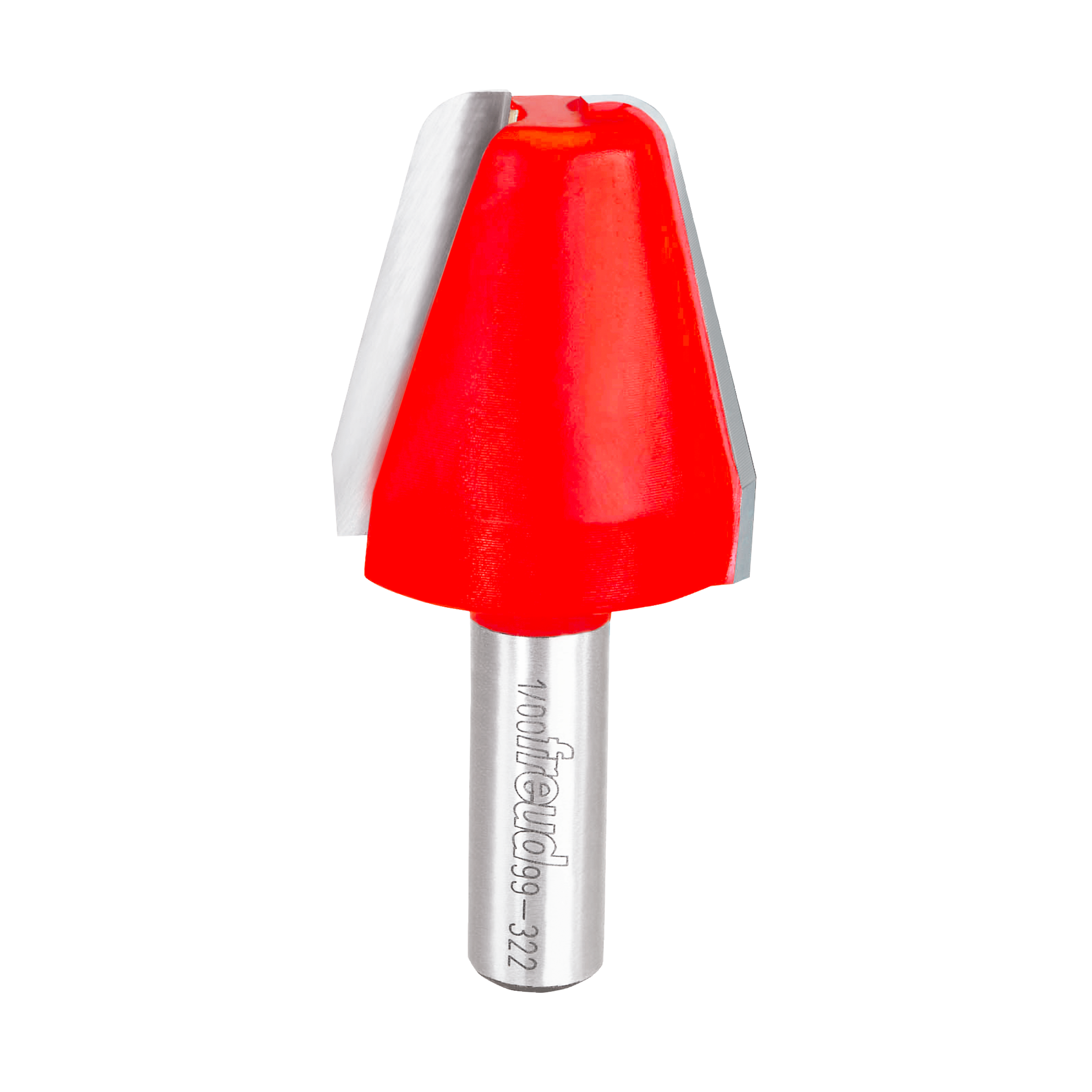 Red vertical raised panel router bit with silver shank and Freud branding.