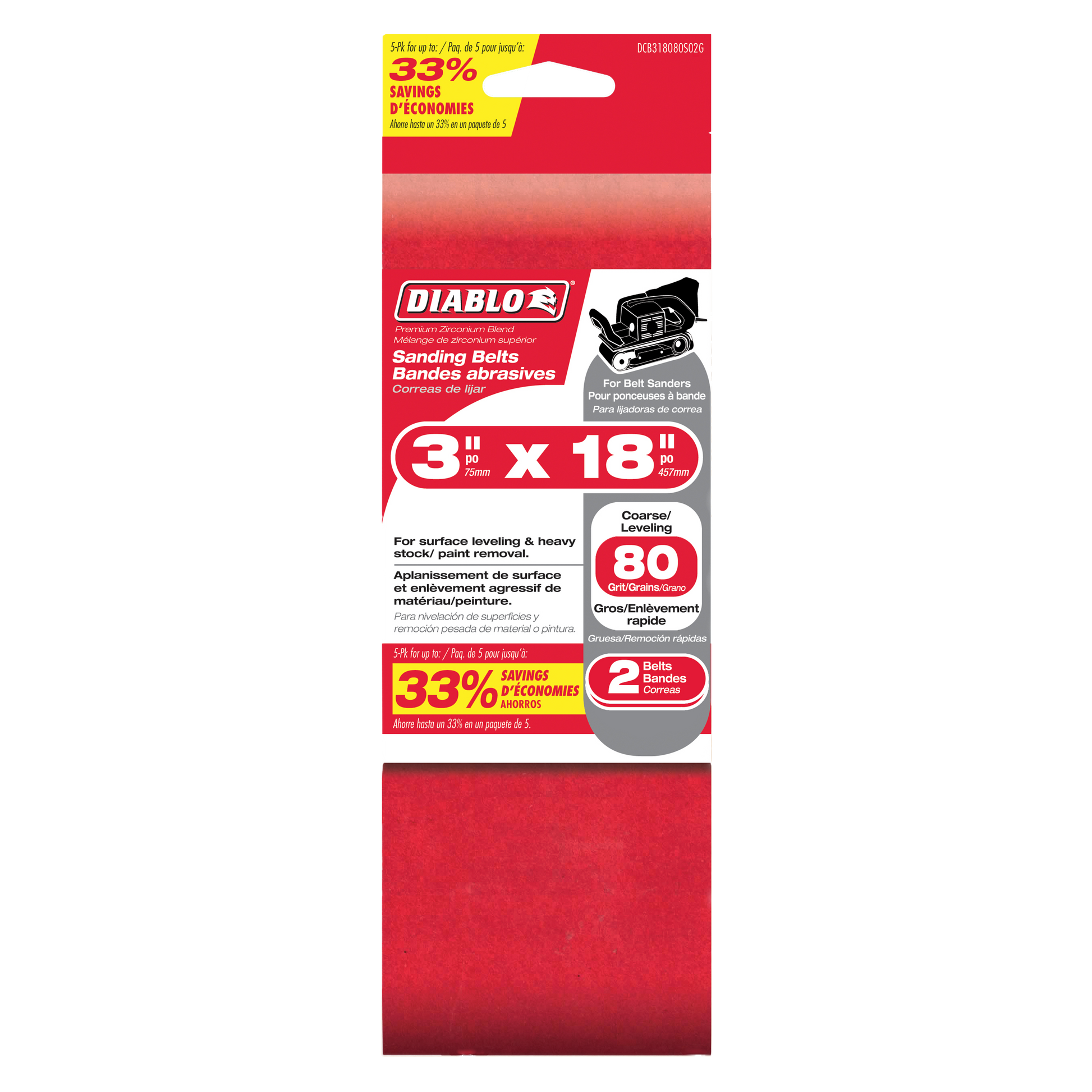 Two red sanding belts, 3 inches by 18 inches, 80 grit coarseness for surface leveling and stock removal.