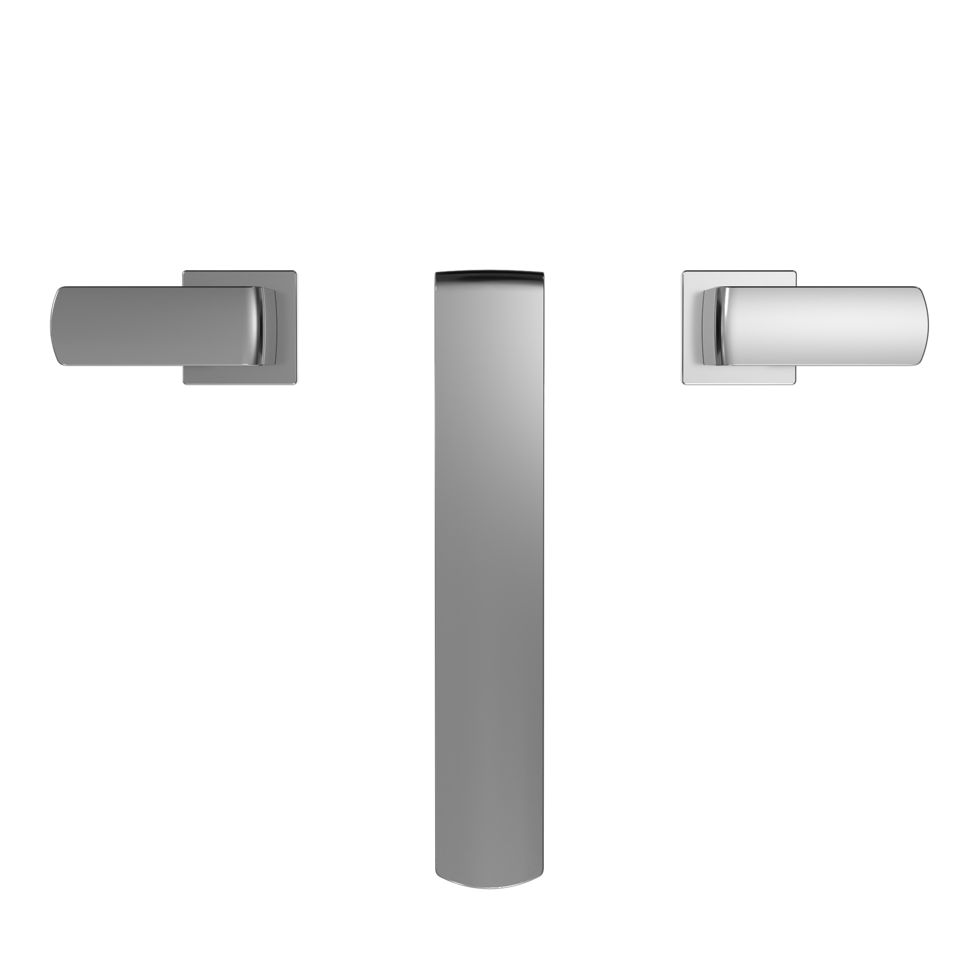Polished chrome two-handle deck-mount roman tub filler with cylindrical spout and rectangular handle escutcheons.