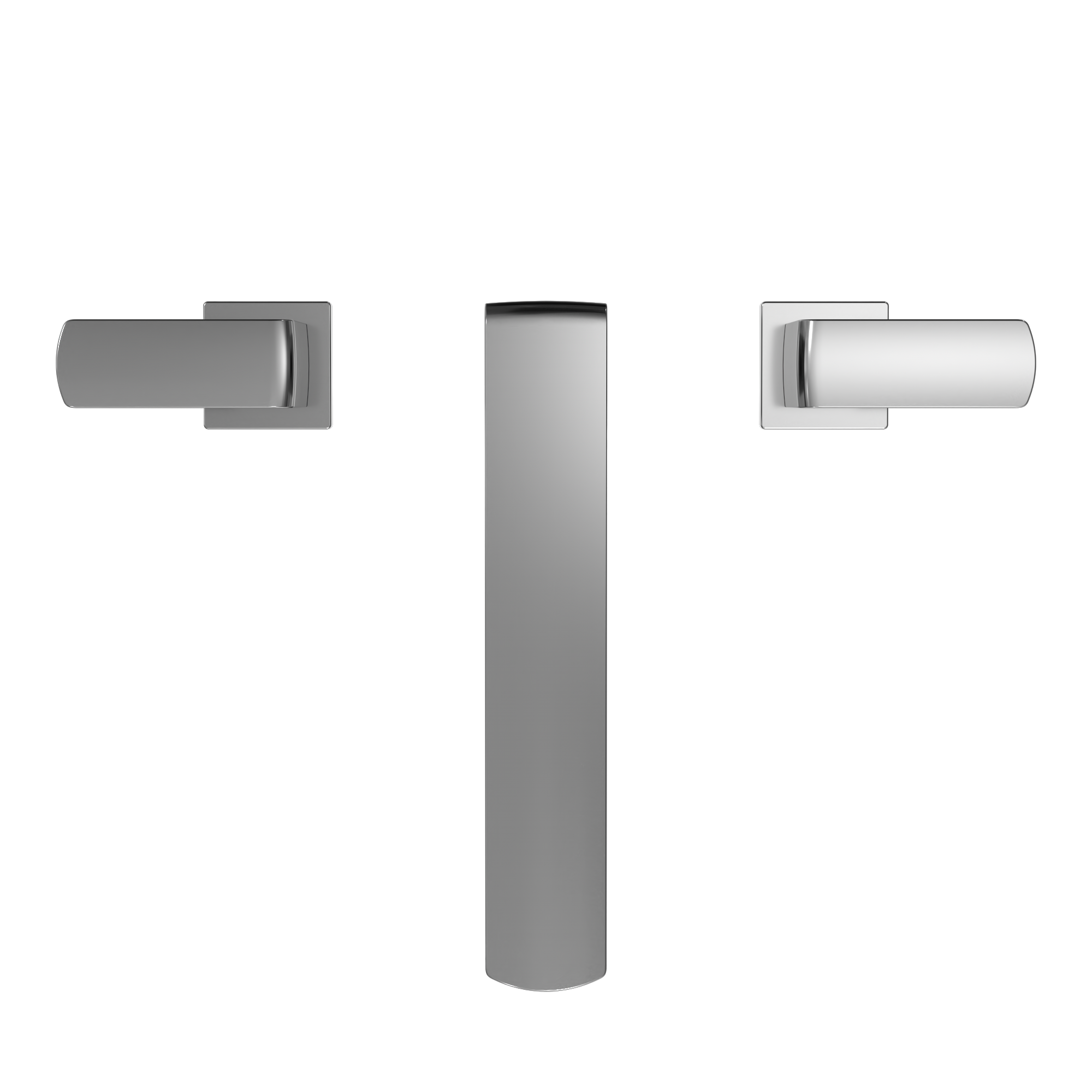 Polished chrome two-handle deck-mount roman tub filler with cylindrical spout and rectangular handle escutcheons.