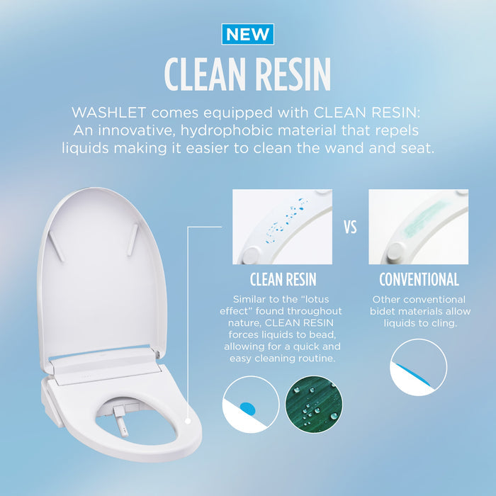 TOTO Drake elongated toilet in cotton white with attached S5 bidet seat featuring Clean Resin technology.