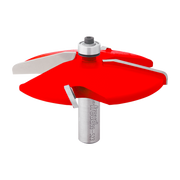 Red and silver raised panel router bit with bearing guide and cylindrical shank marked "Freud 99-523".