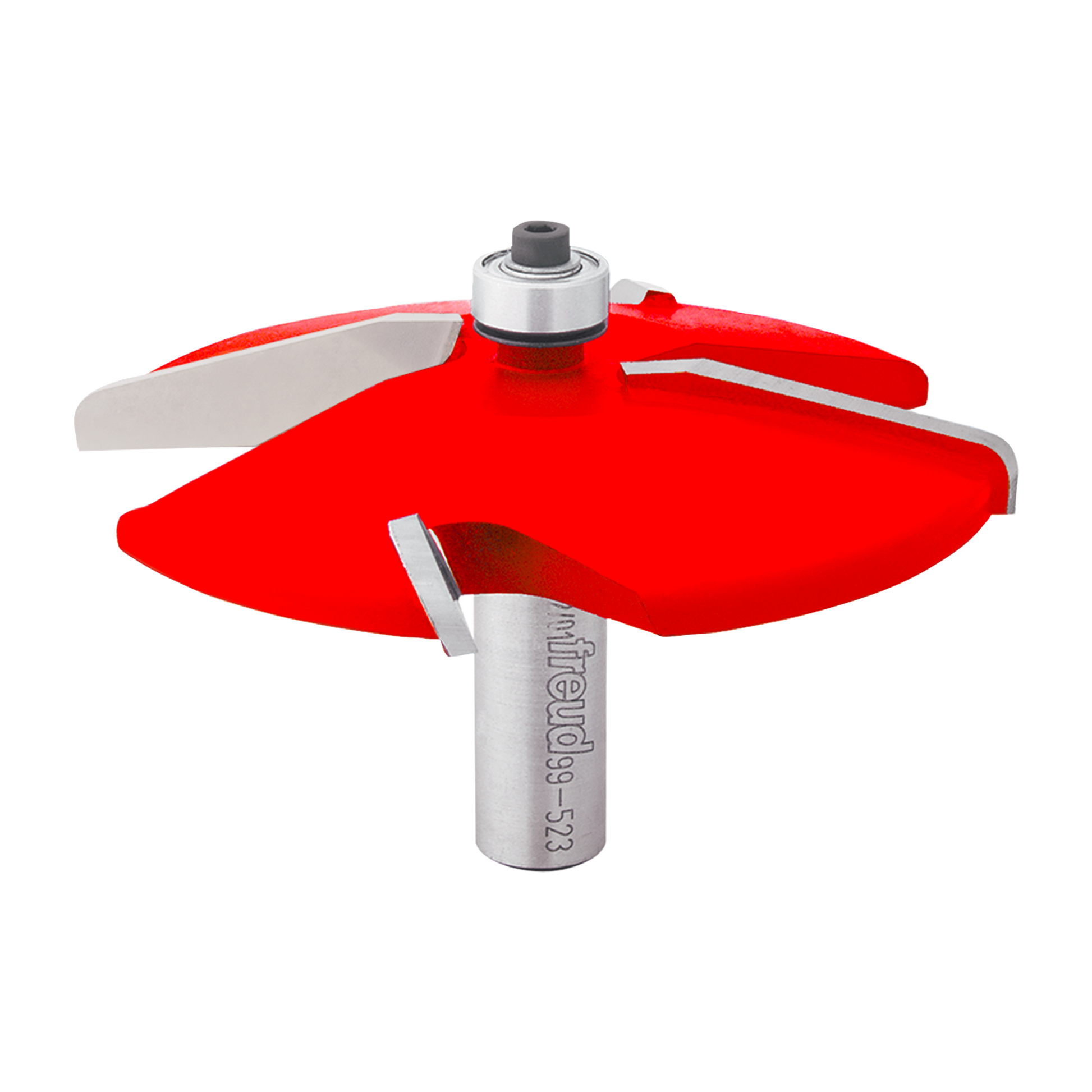 Red and silver raised panel router bit with bearing guide and cylindrical shank marked "Freud 99-523".