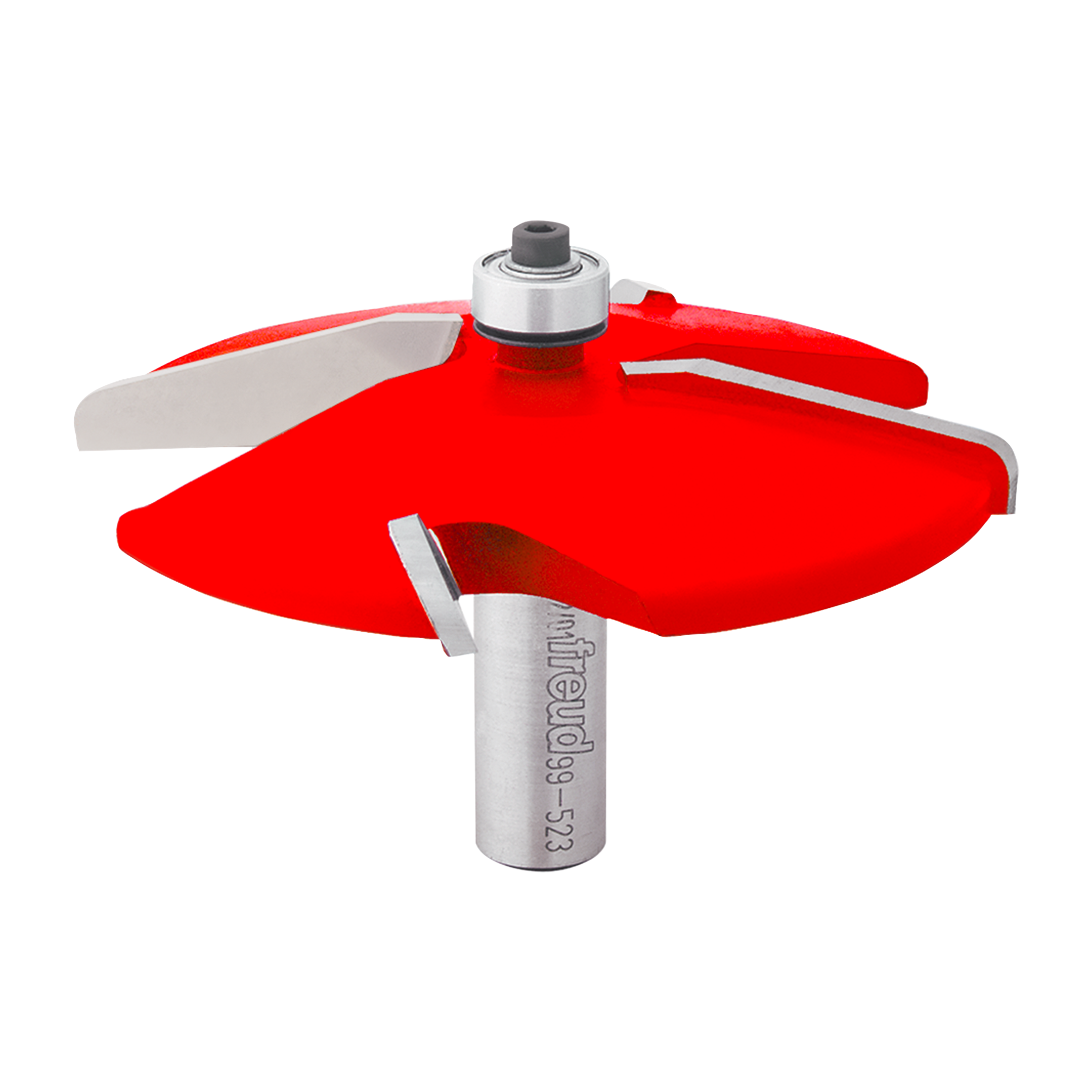 Red and silver raised panel router bit with bearing guide and cylindrical shank marked "Freud 99-523".