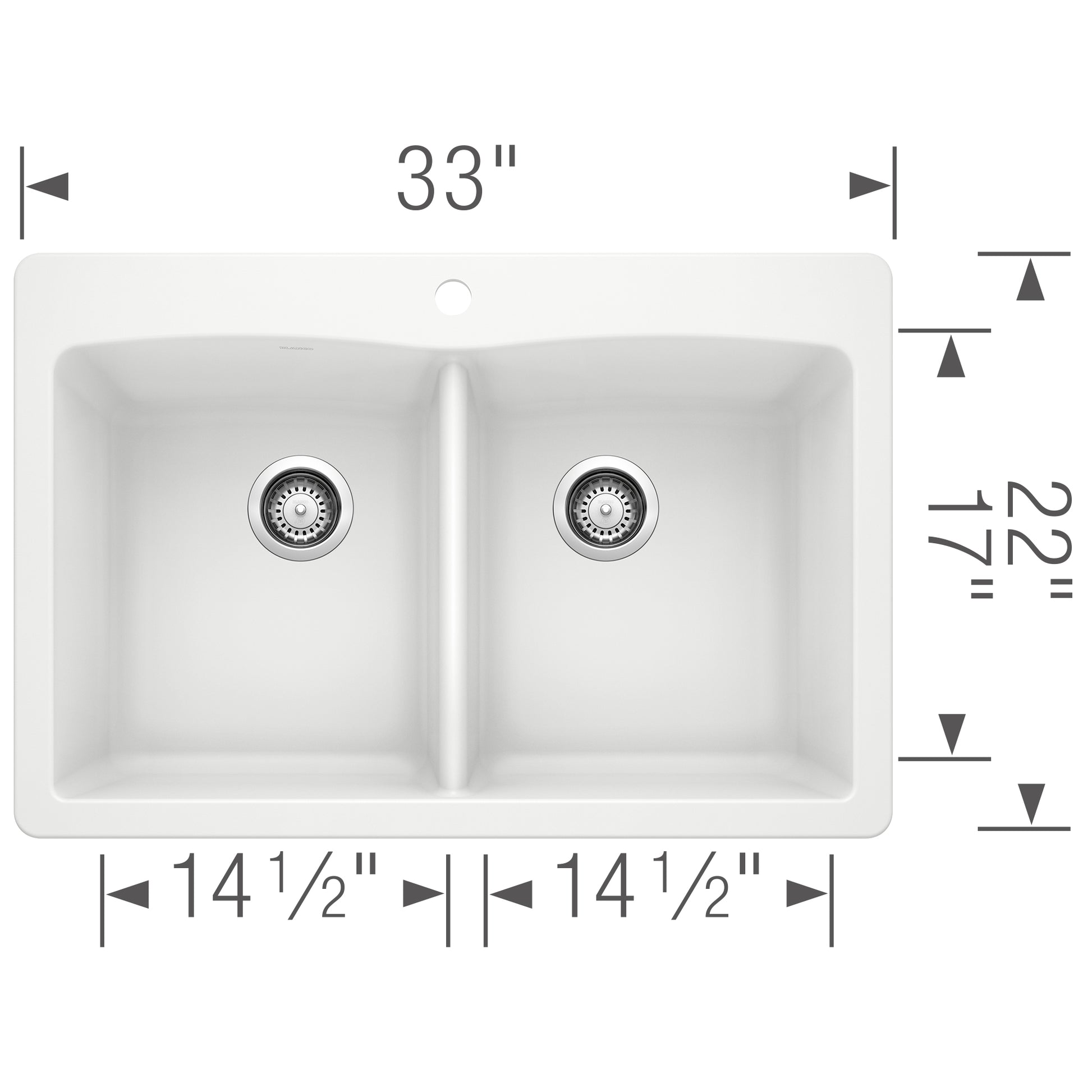 White equal double bowl drop-in kitchen sink with two circular drains, 33 inches wide by 22 inches deep.